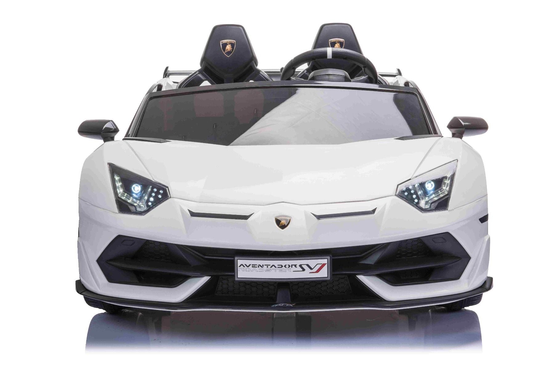 Elektroauto für Kinder Lamborghini Aventador 12V für zwei Benutzer, weiss, vertikal öffnende Türen, 2 x 12V Motor, 12V Batterie, 2,4 GHz Fernbedienung, weiche EVA-Räder, Federung, Sanftanlauf, MP3-Player mit USB, Original lizenziert