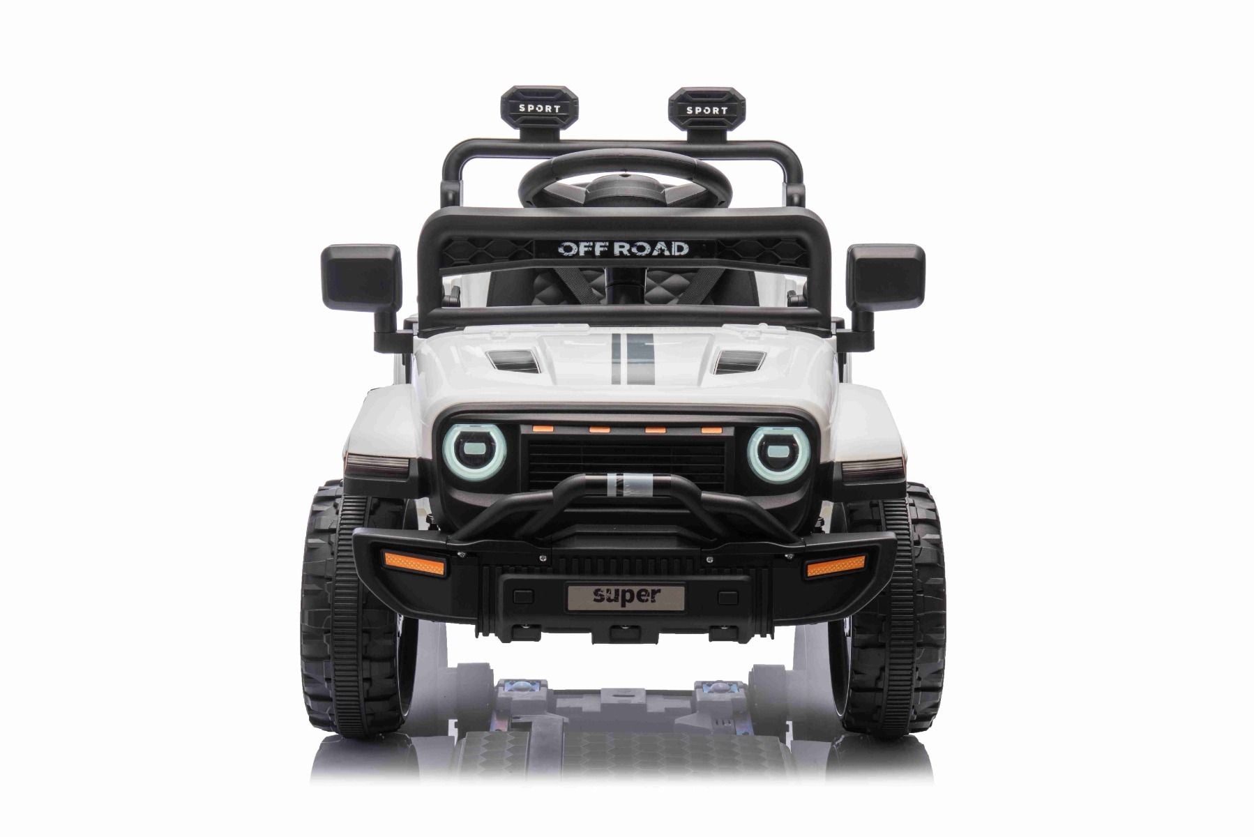 Elektroauto für Kinder OFFROAD NEW mit Hinterradantrieb, weiß, Lithium-Batterie, hohes Fahrgestell, breiter Sitz, Hinterradfederung, 2,4-GHz-Fernbedienung, LED-Leuchten