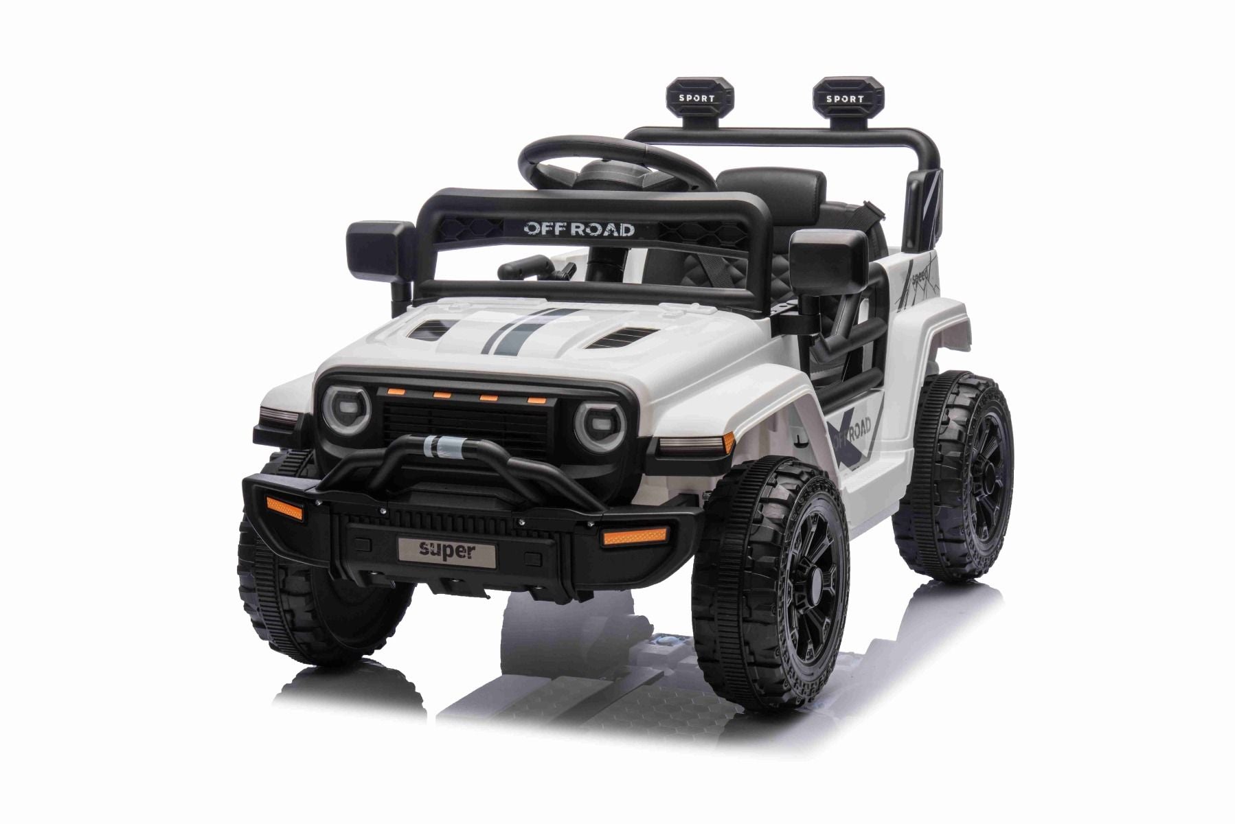 Elektroauto für Kinder OFFROAD NEW mit Hinterradantrieb, weiß, Lithium-Batterie, hohes Fahrgestell, breiter Sitz, Hinterradfederung, 2,4-GHz-Fernbedienung, LED-Leuchten