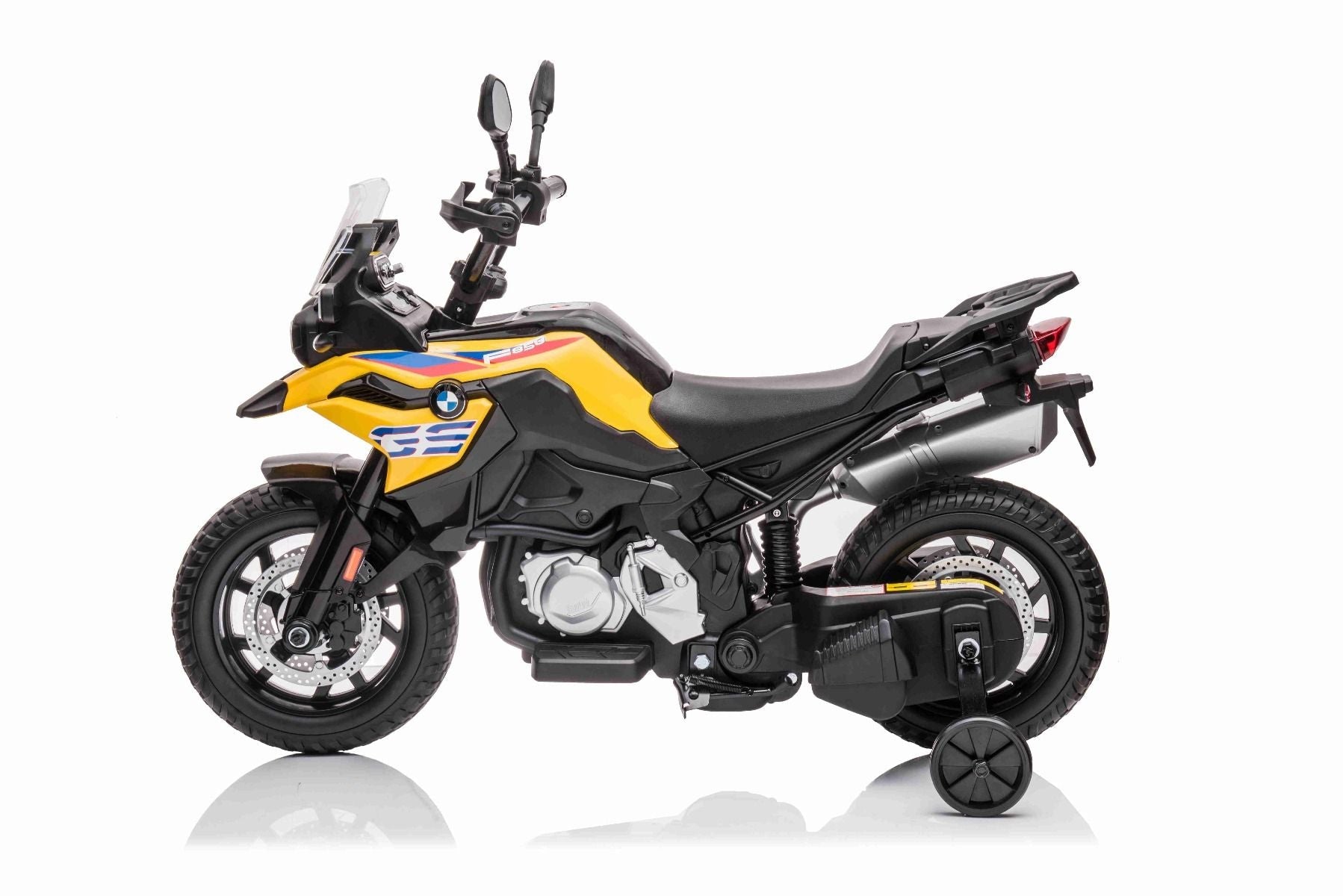 Elektromotorrad BMW F850 GS, Lizenziert, 12-V-Batterie, weiche EVA-Räder, 2 x 35-W-Motoren, LED-Leuchten, Hilfsräder, MP3-Player mit USB/Aux-Eingang, Gelb