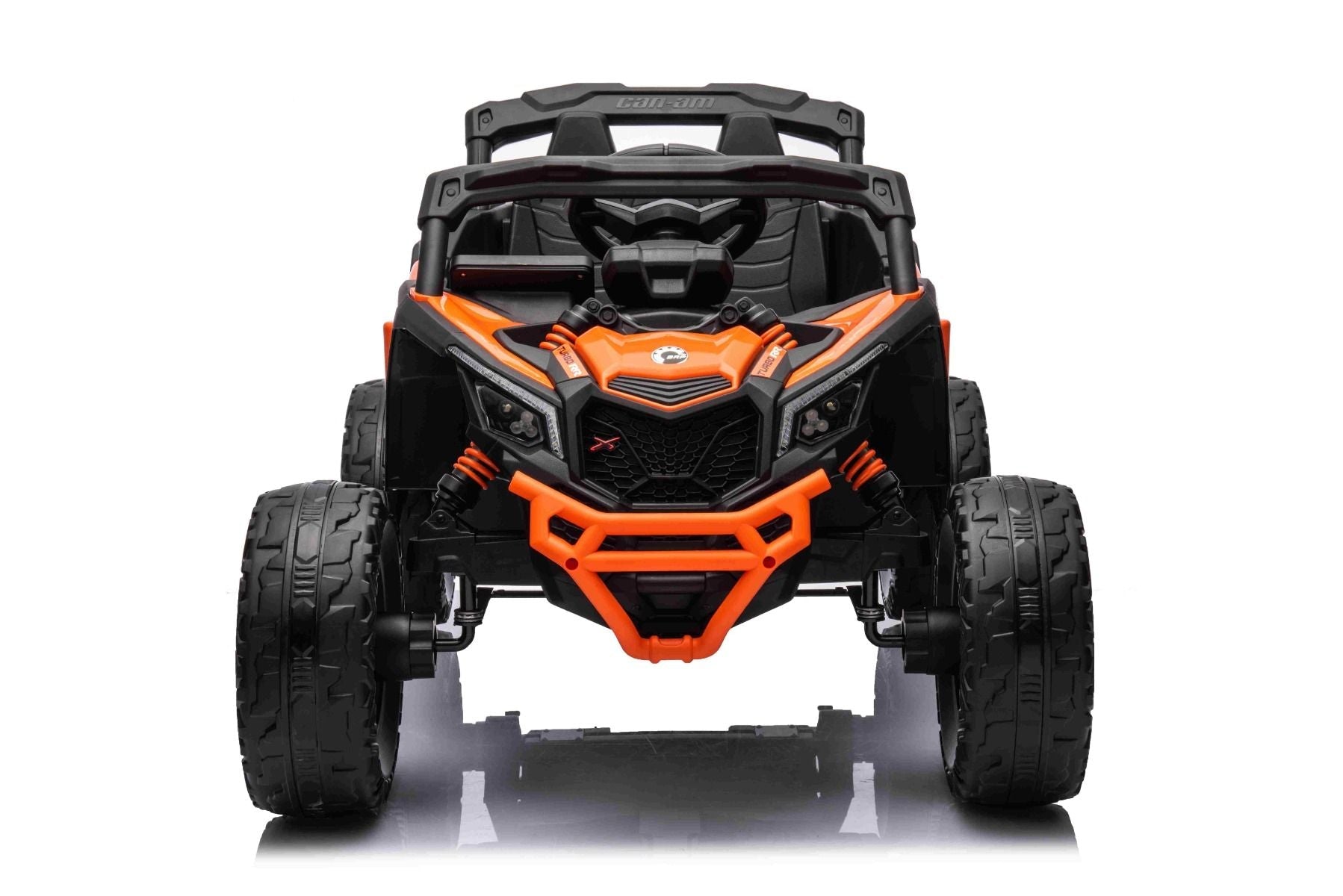 Elektro-Rutschauto Can-am Maverick Einsitzer mit 4x4-Antrieb, Orange, Einzelradaufhängung, 2,4-GHz-Fernbedienung, 4 x 35-W-Motoren, EVA-Räder, Ledersitz, MP3-Player mit USB/AUX-Eingang, lizenziert