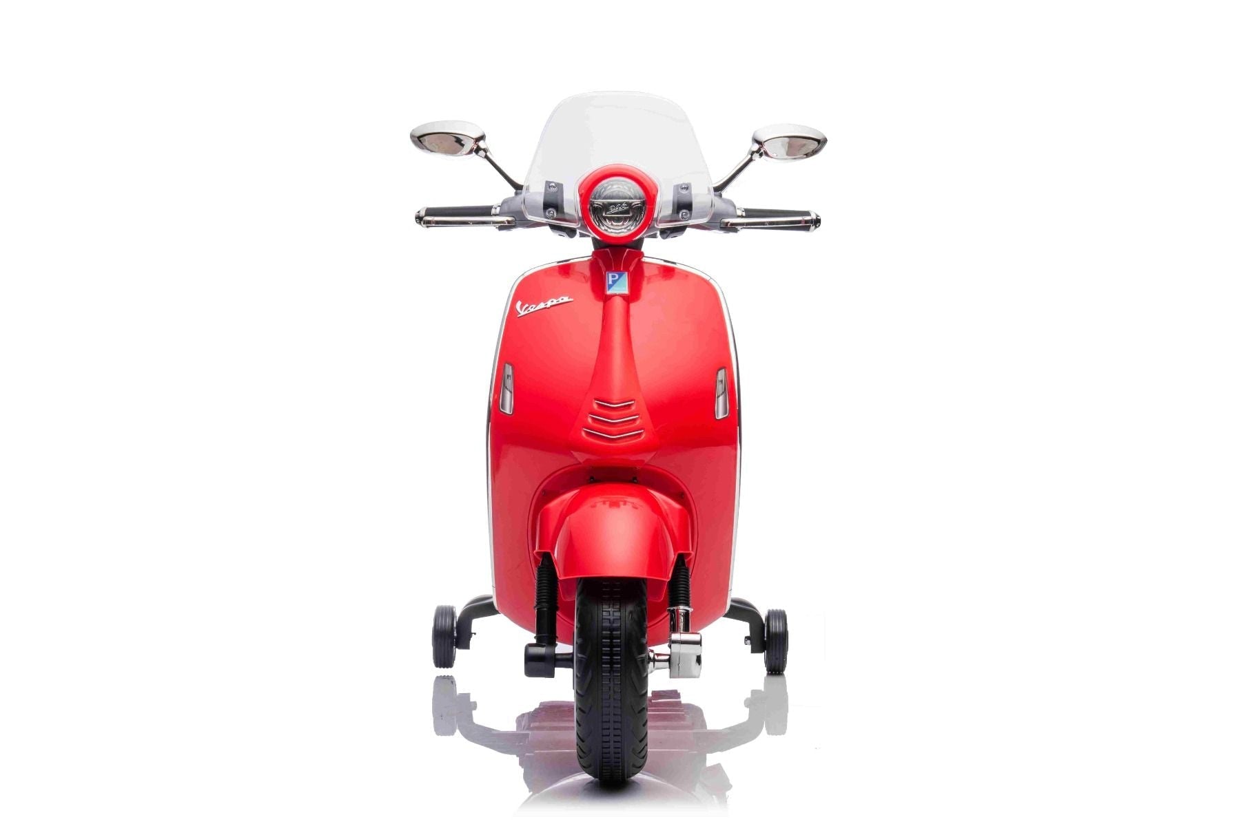 Elektrischer Aufsitz-Scooter Vespa 946 mit Rückwärtsgang, rot, lizenziert, Zusatzräder, 2 x 6-V-Batterie, 2 x 30-W-Motoren, Ledersitz, MP3-Player mit USB-Eingang
