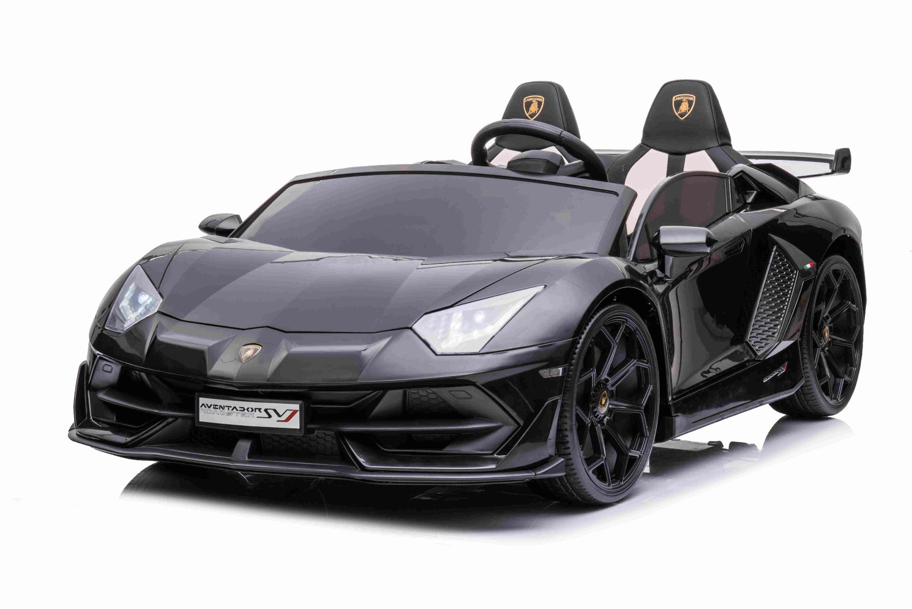 Elektroauto für Kinder Lamborghini Aventador 12V für zwei Benutzer, schwarz, vertikal öffnende Türen, 2 x 12V Motor, 12V Batterie, 2,4 GHz Fernbedienung, weiche EVA-Räder, Federung, Sanftanlauf, MP3-Player mit USB, Original lizenziert