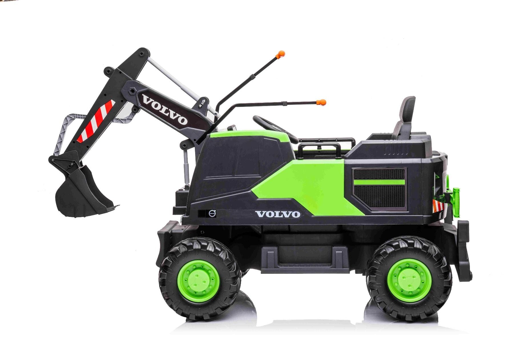 Elektrischer Bagger für Kinder Volvo Excavator 12V mit Baggerschaufel vorne, Einsitzer, grün, weicher Kunstledersitz, MP3-Player mit USB/TF/AUX-Eingang, Heckantrieb, 2 x 35W Motor, EVA-Räder, 12V/14Ah Akku, lizenziert
