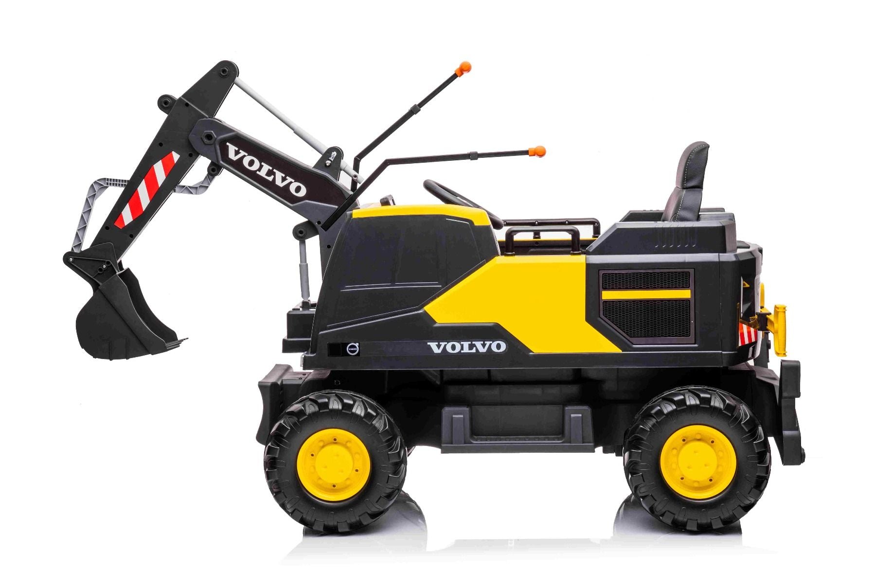 Elektrischer Bagger für Kinder Volvo Excavator 12V mit Baggerschaufel vorne, Einsitzer, gelb, weicher Kunstledersitz, MP3-Player mit USB/TF/AUX-Eingang, Heckantrieb, 2 x 35W Motor, EVA-Räder, 12V/14Ah Akku, lizenziert