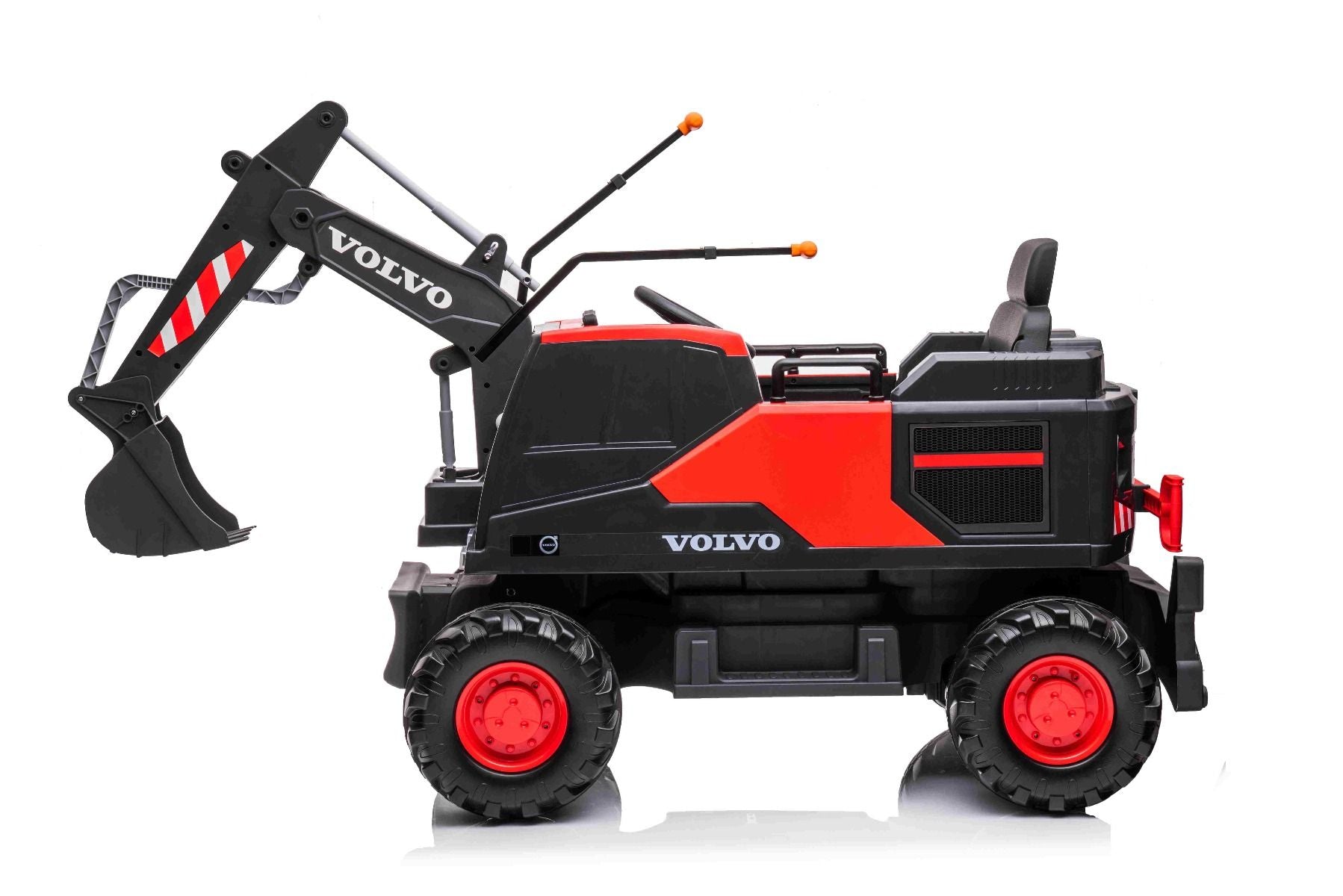 Elektrischer Bagger für Kinder Volvo Excavator 12V mit Baggerschaufel vorne, Einsitzer, rot, weicher Kunstledersitz, MP3-Player mit USB/TF/AUX-Eingang, Heckantrieb, 2 x 35W Motor, EVA-Räder, 12V/14Ah Akku, lizenziert