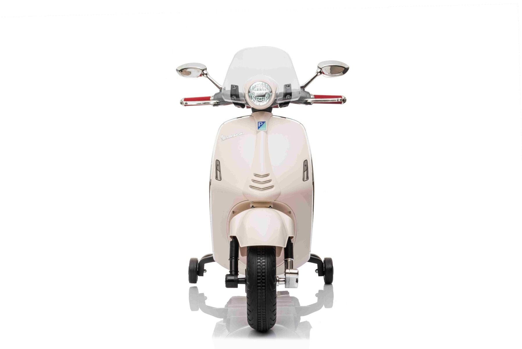 Elektrischer Aufsitz-Scooter Vespa 946 mit Rückwärtsgang, Weiß, lizenziert, Zusatzräder, 2 x 6-V-Batterie, 2 x 30-W-Motoren, Ledersitz, MP3-Player mit USB-Eingang