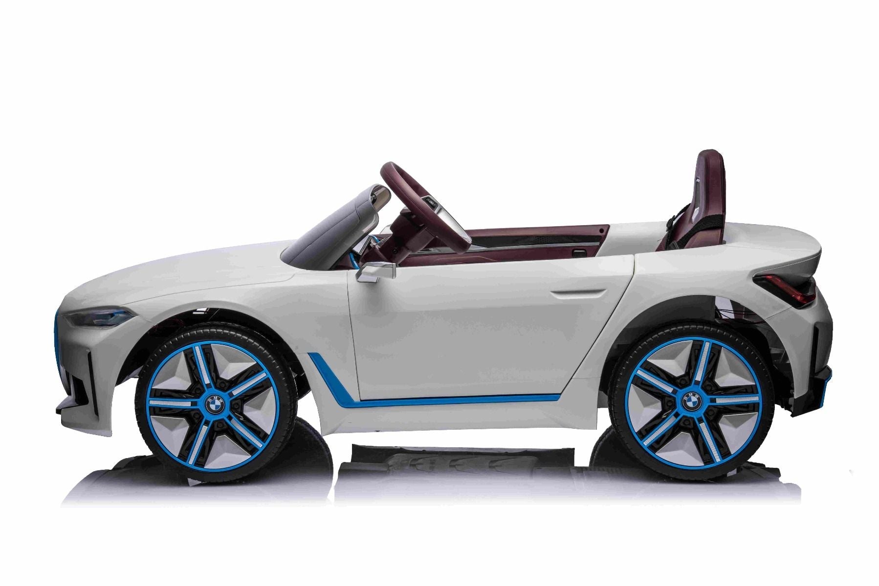 Elektro-Rutschauto BMW i4, Weiß, 2,4-GHz-Fernbedienung, USB / AUX / Bluetooth, Hinterradaufhängung, 12-V-Batterie, LED-Leuchten, 2 x 25-W-Motor, ORIGINAL-Lizenz