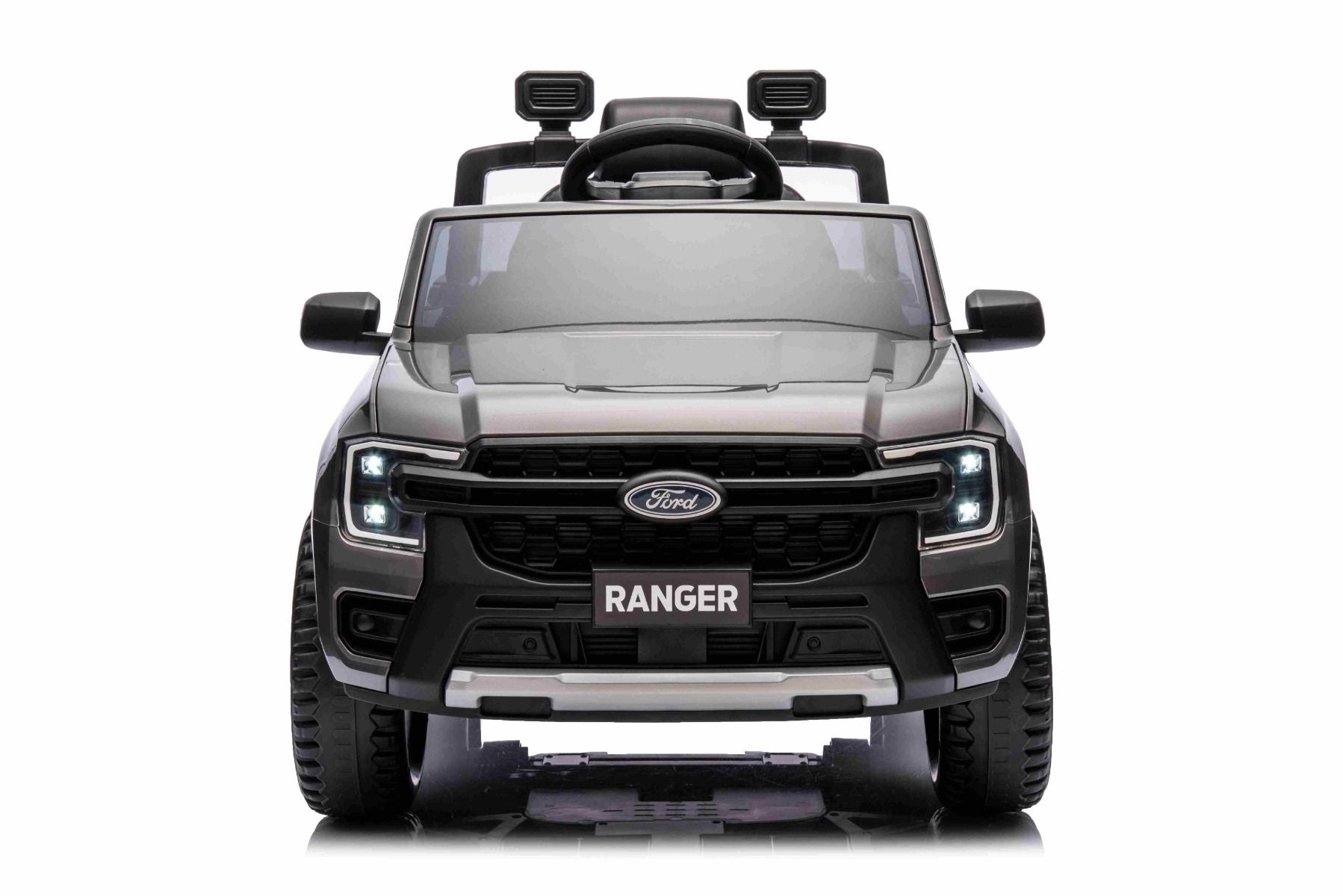 Elektro-Rutschauto FORD Ranger 12V, grau, Ledersitz, 2,4-GHz-Fernbedienung, Bluetooth-/USB-Eingang, Federung, 12-V-Batterie, Kunststoffräder, 2 x 30-W-Motoren, ORIGINAL-Lizenz