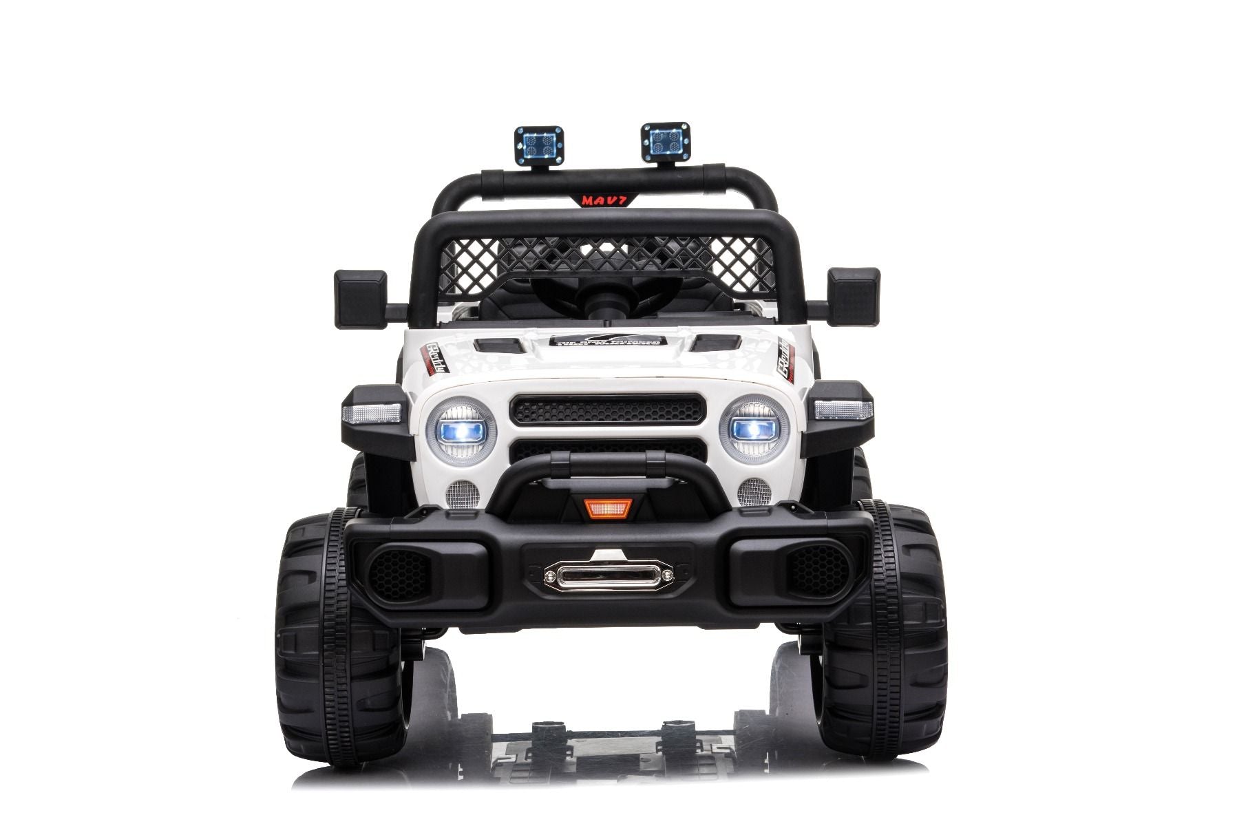 All Ride Elektroauto mit Hinterradantrieb, weiß, 12 V Akku, hohes Fahrwerk, breite Sitzbank, Federung an der Hinterachse, 2,4 GHz Fernsteuerung, MP3-Player mit USB, LED-Leuchten