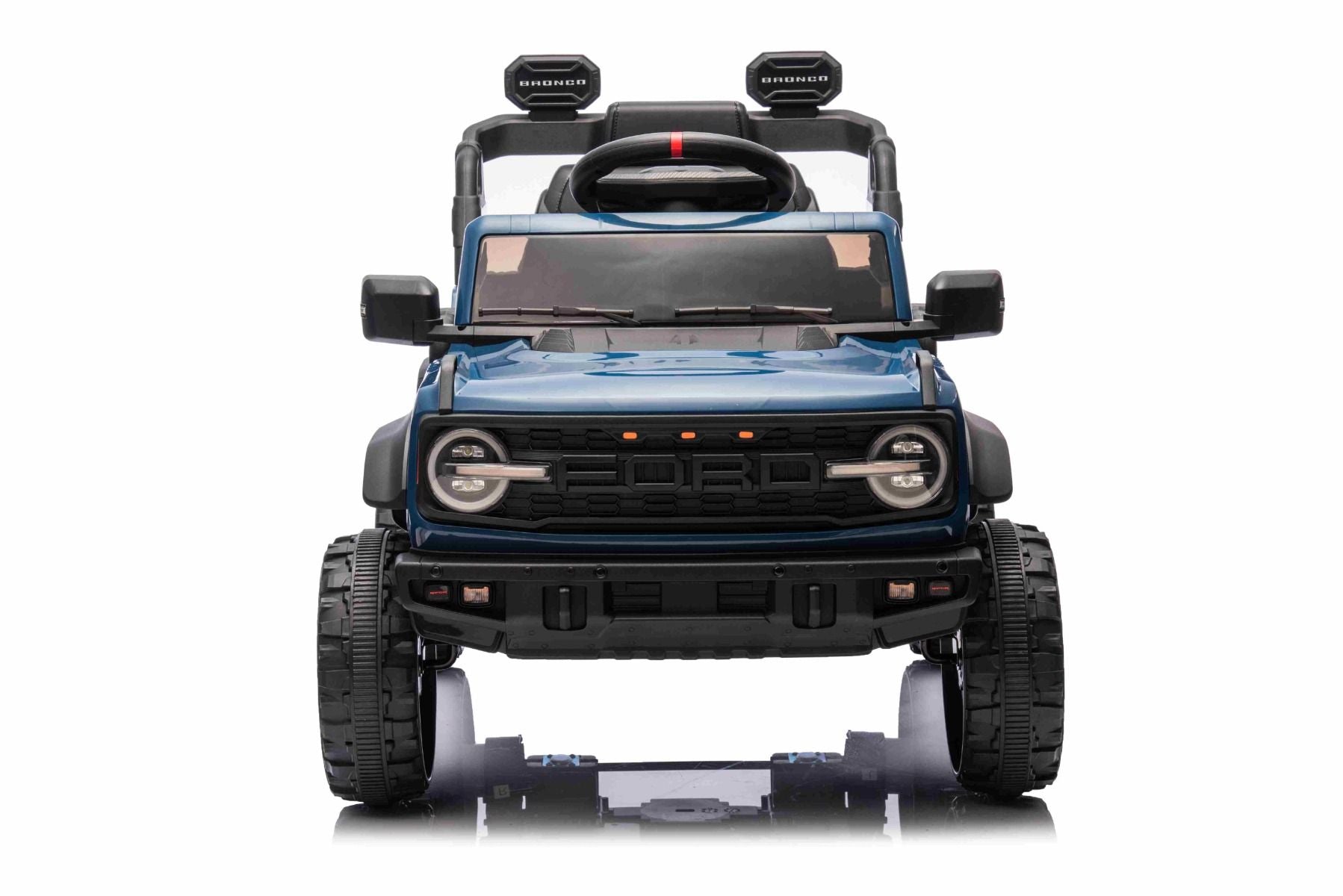 Elektrisches Kinderfahrzeug Ford Bronco mit Hinterradantrieb, lizenziert (Einzelsitzer), Blau, Lithiumbatterie, hohe Bodenfreiheit, breiter Sitz, Hinterachsfederung, 2,4-GHz-Fernbedienung, MP3-Player mit USB-Anschluss, LED-Beleuchtung