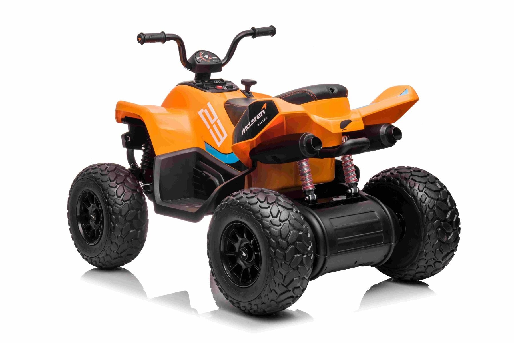 Lizenziertes elektrisches Aufsitz-Quad McLaren Racing MCL 12V 4X4, Orange, weiche EVA-Räder, FERNBEDIENUNG, Kunstledersitz, Hinterradaufhängung, 4 x 35 W Motor, LED-Leuchten, 12 V 10 Ah Batterie