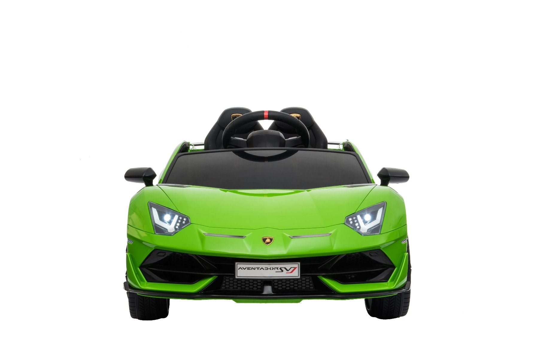 Elektroauto für Kinder Lamborghini Aventador 12V für zwei Benutzer, grün, vertikal öffnende Türen, 2 x 12V Motor, 12V Batterie, 2,4 GHz Fernbedienung, weiche EVA-Räder, Federung, Sanftanlauf, MP3-Player mit USB, Original lizenziert