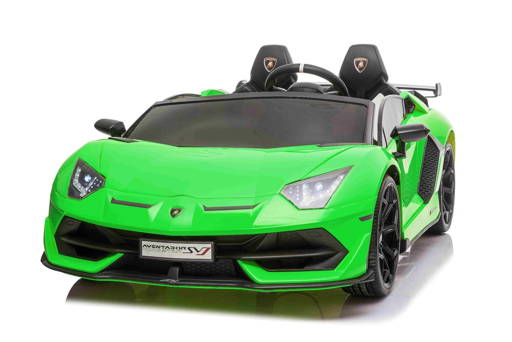 Elektroauto für Kinder Lamborghini Aventador 12V für zwei Benutzer, grün, vertikal öffnende Türen, 2 x 12V Motor, 12V Batterie, 2,4 GHz Fernbedienung, weiche EVA-Räder, Federung, Sanftanlauf, MP3-Player mit USB, Original lizenziert