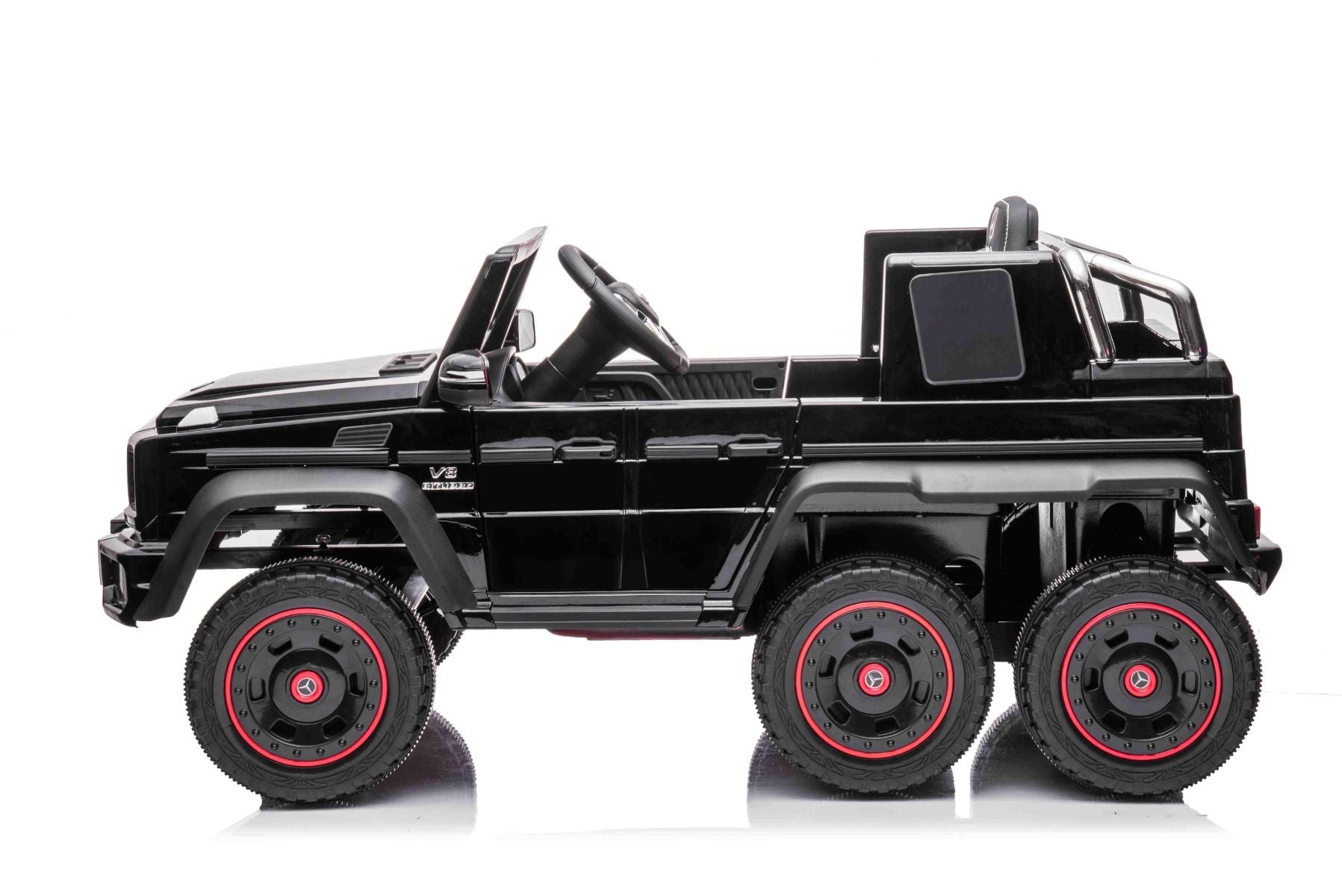 Elektro-Rutschauto Mercedes-Benz G63 AMG 6X6, Einsitzer, schwarz, 6 Räder mit Einzelradaufhängung, Antrieb 2 x 45-W-Motoren, 12V10AH-Batterie, Kunststoffräder und -sitz, Fernbedienung, lizenziert
