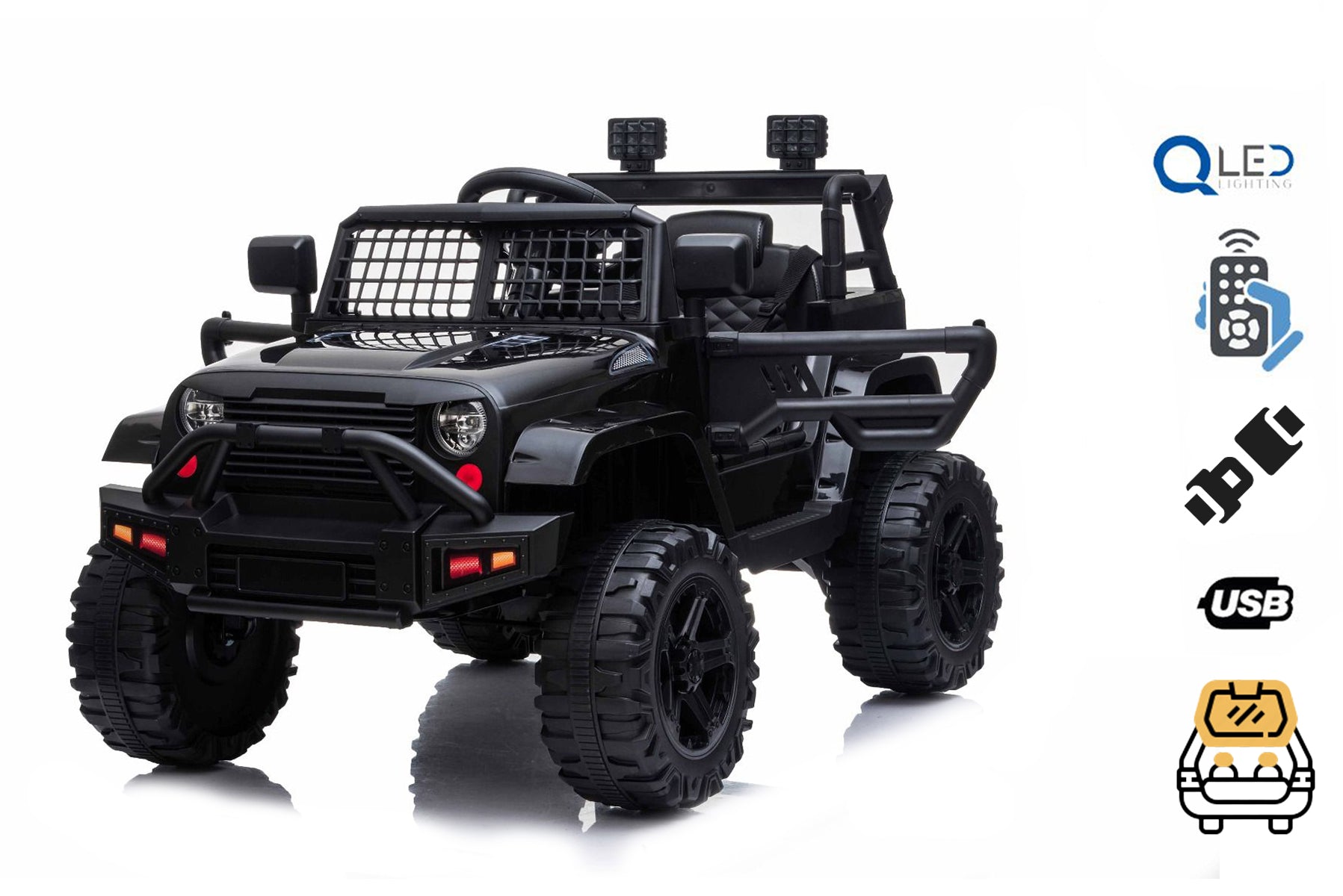Kinder Elektroauto 12V Offroad Modell 2023 schwarz, hohes Fahrgestell, breiter Sitz, hängende Achsen, Elektroauto für kinder mit 2,4-GHz-Fernbedienung, MP3/USB , LED-Leuchten, elektroauto kinder ab 3-8 jahre