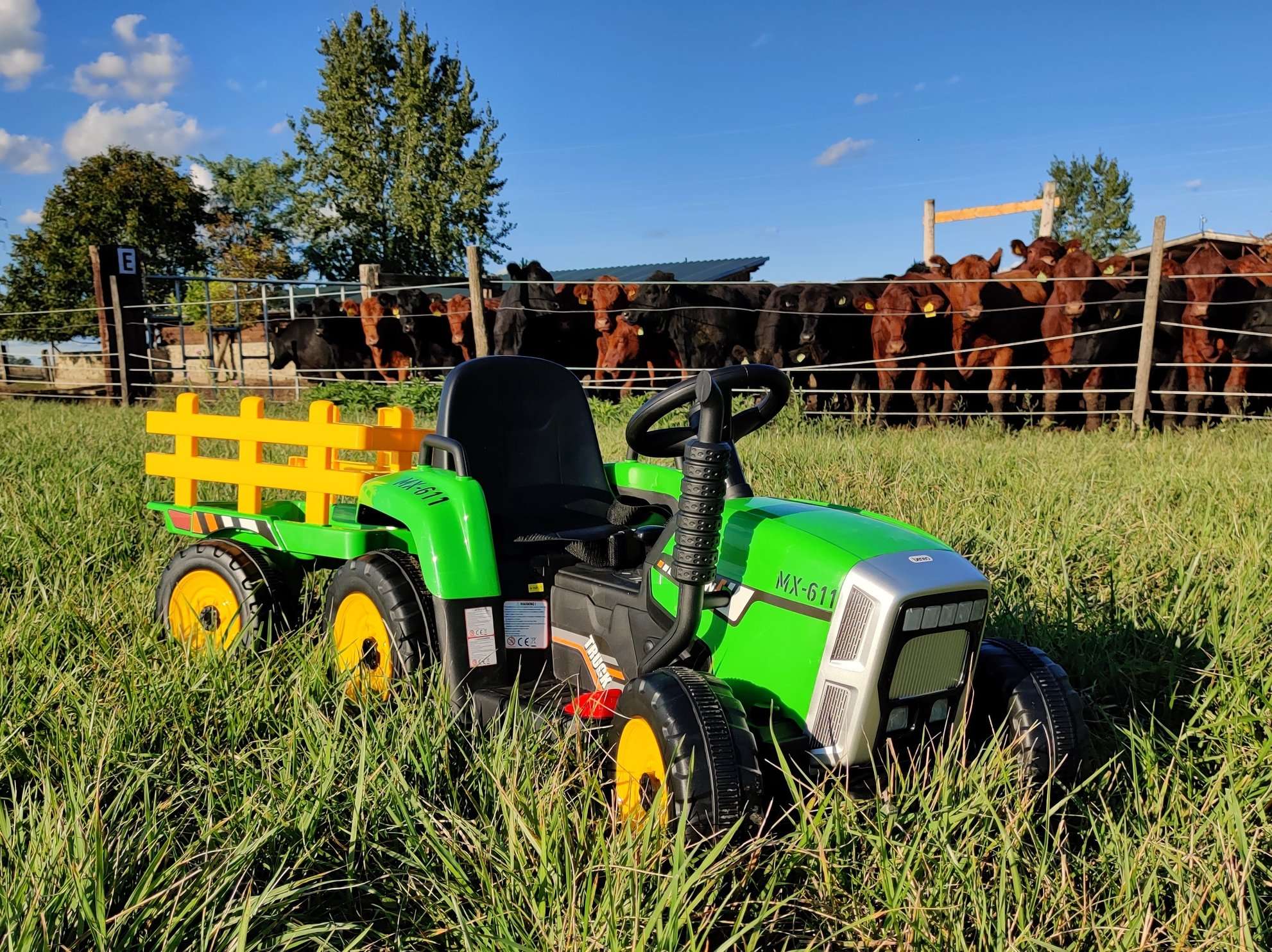 Kinder Elektroauto Traktor WORKERS mit Anhänger, Grün, Hinterradantrieb, 12-V-Batterie, Rädern, breitem Sitz, 2,4-GHz-Fernbedienung, MP3-Player und SD-Eingang, LED-Leuchten