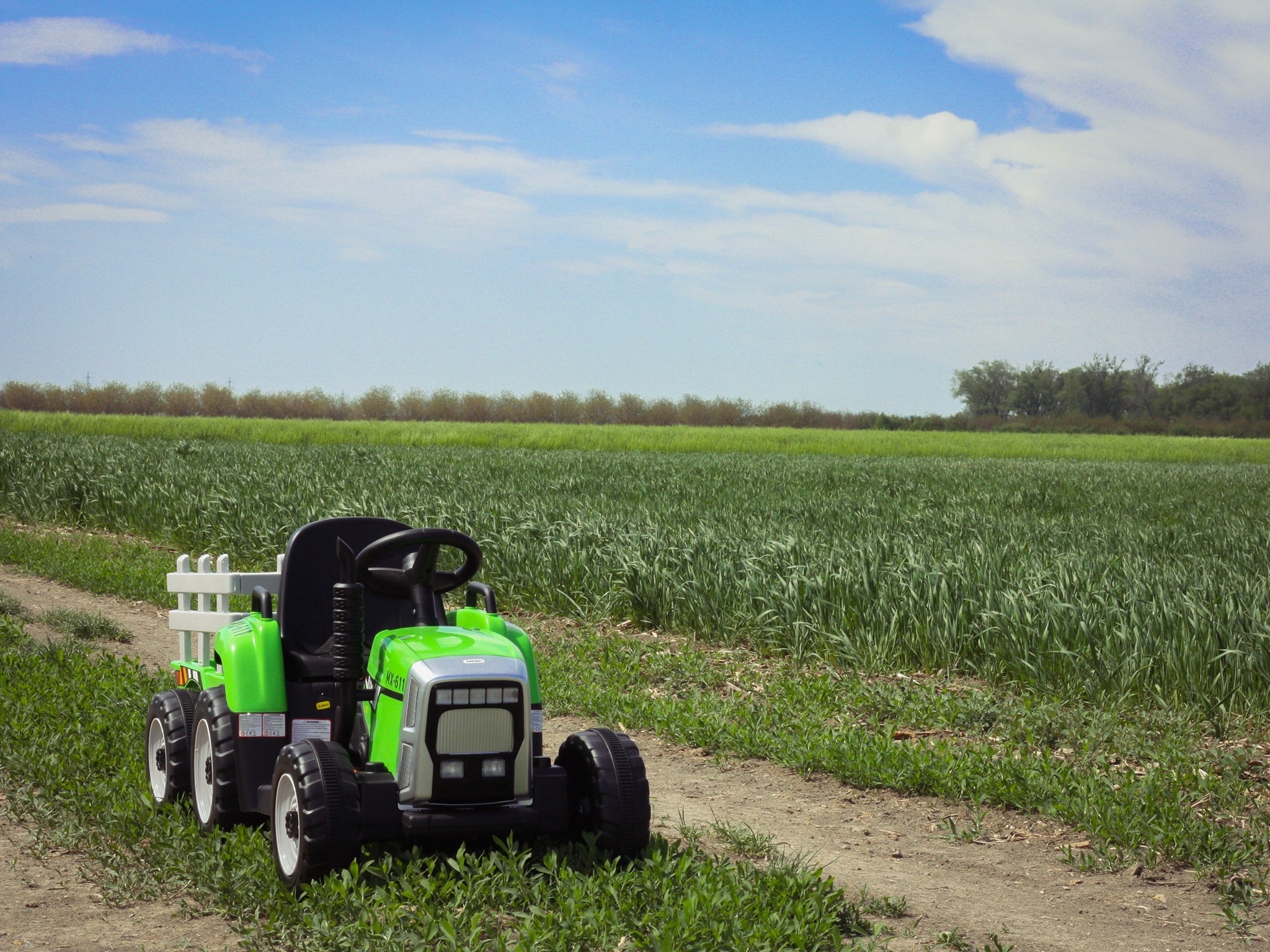 Kinder Elektroauto Traktor WORKERS mit Anhänger, Grün, Hinterradantrieb, 12-V-Batterie, Rädern, breitem Sitz, 2,4-GHz-Fernbedienung, MP3-Player und SD-Eingang, LED-Leuchten