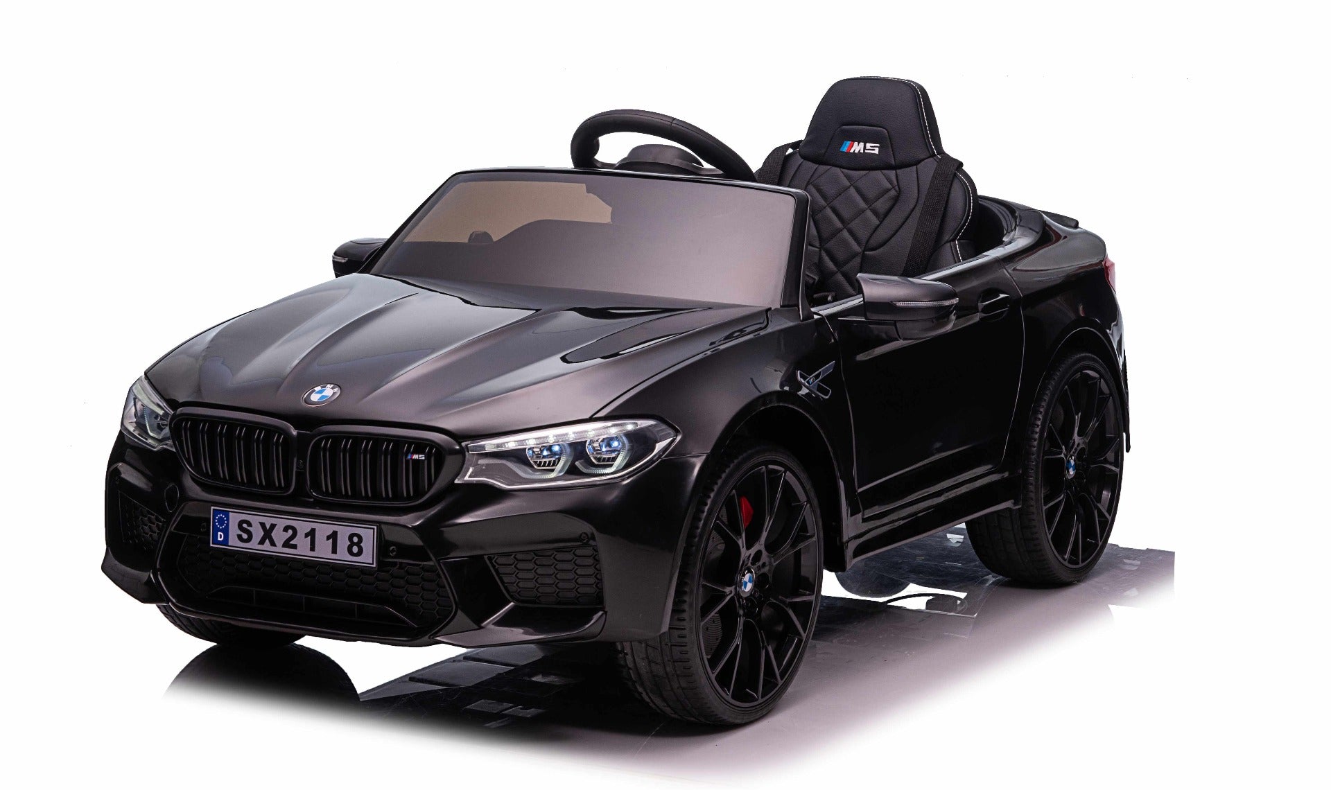 Kinder-Elektroauto BMW M5, schwarz, Originallizenz, 24V Batterie, mit öffnenden Türen, 2,4-GHz-Fernbedienung, weiche EVA-Räder, LED-Leuchten, Sanftanlauf, MP3-Player mit USB-Eingang