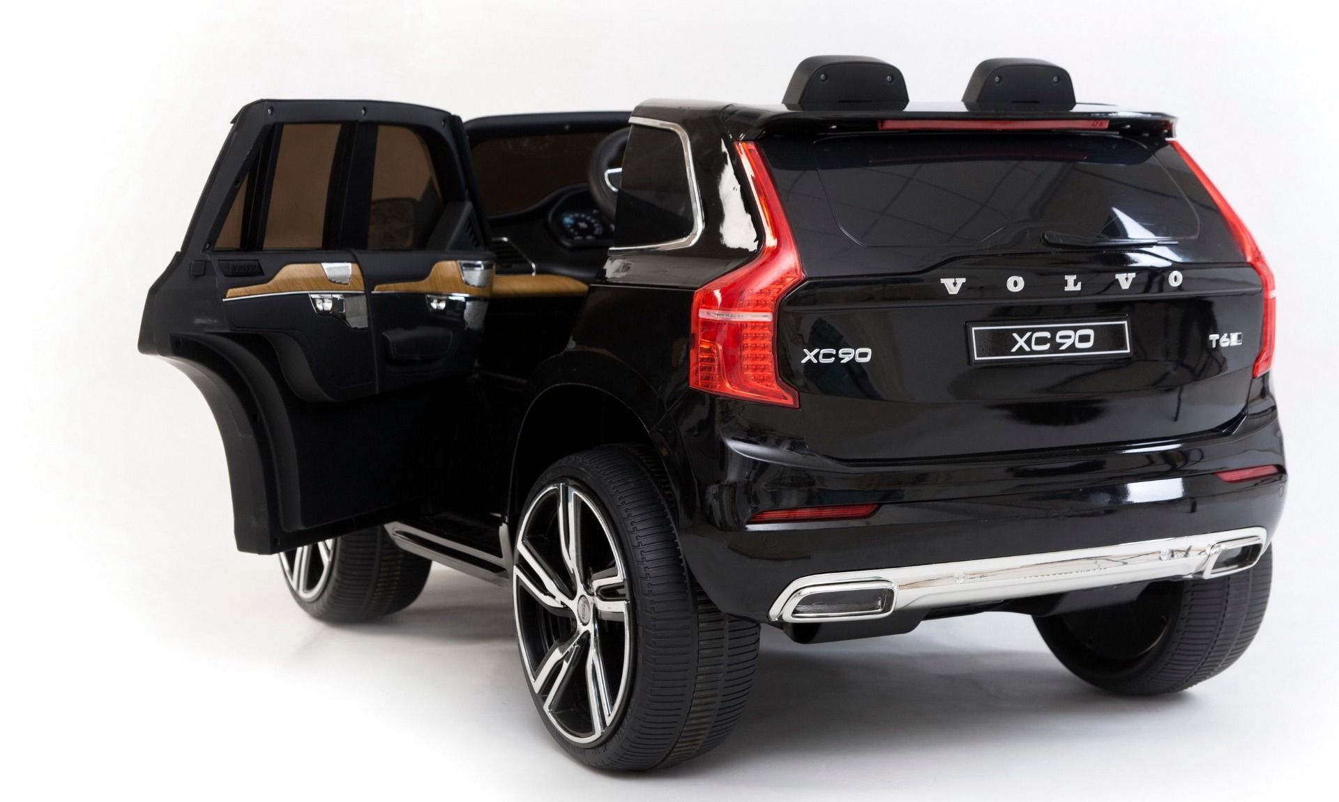 Kinder-Elektroauto Volvo XC90, schwarz, doppelter Ledersitz, MP3-Player mit USB-Eingang, öffnende Türen und Motorhaube, 12V 10Ah Batterie, EVA-Räder, gefederte Achsen, 2,4-GHz-Fernbedienung, Lizenziert