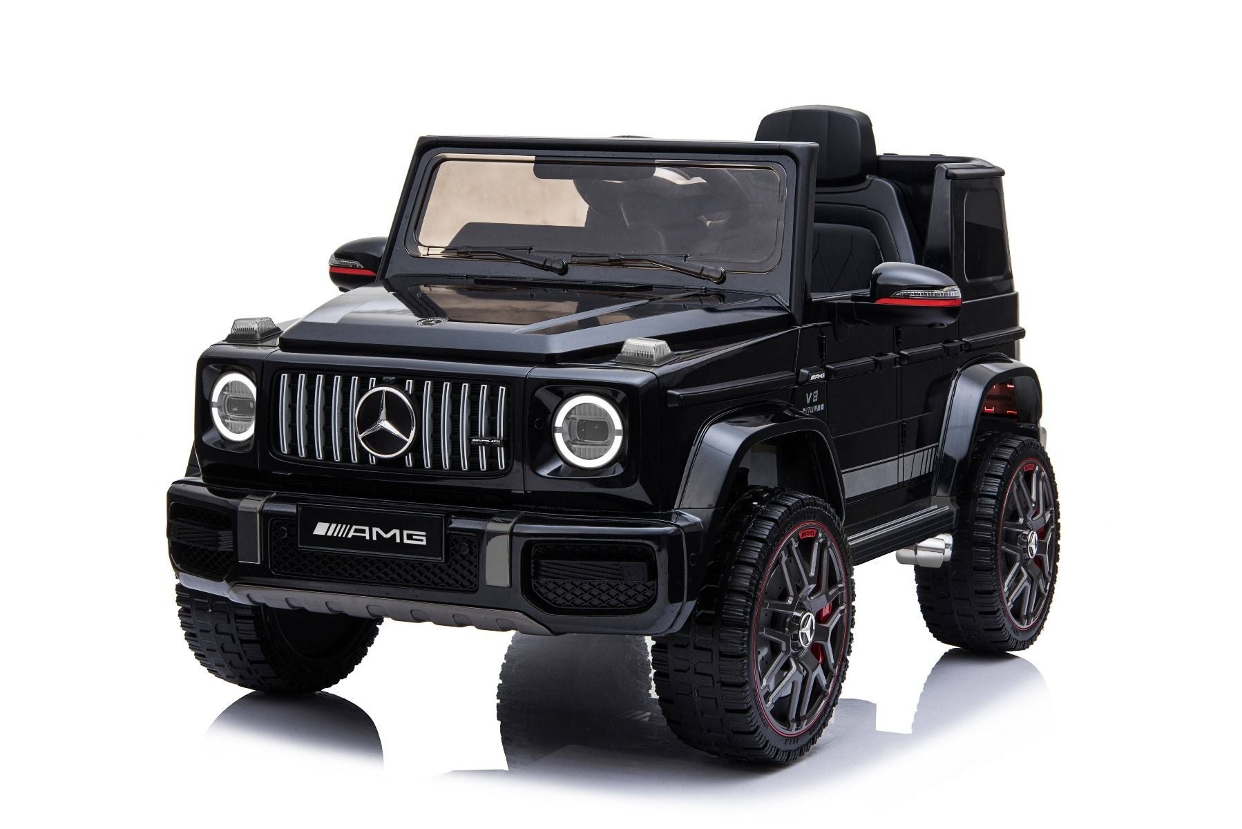 Elektroauto kinder Mercedes G Neu, Schwarz, Originallizenz, Batteriebetrieben, Türen öffnen, Einzelsitz, 2x Motor, 12 V Batterie, 2,4 GHz Fernbedienung, Hinterradfederung, Sanfter Start