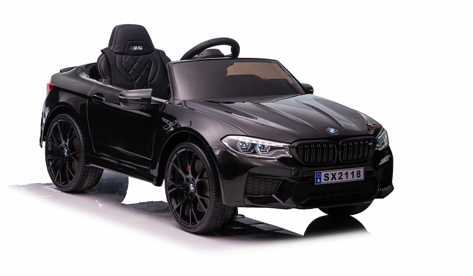 Kinder-Elektroauto BMW M5, schwarz, Originallizenz, 24V Batterie, mit öffnenden Türen, 2,4-GHz-Fernbedienung, weiche EVA-Räder, LED-Leuchten, Sanftanlauf, MP3-Player mit USB-Eingang