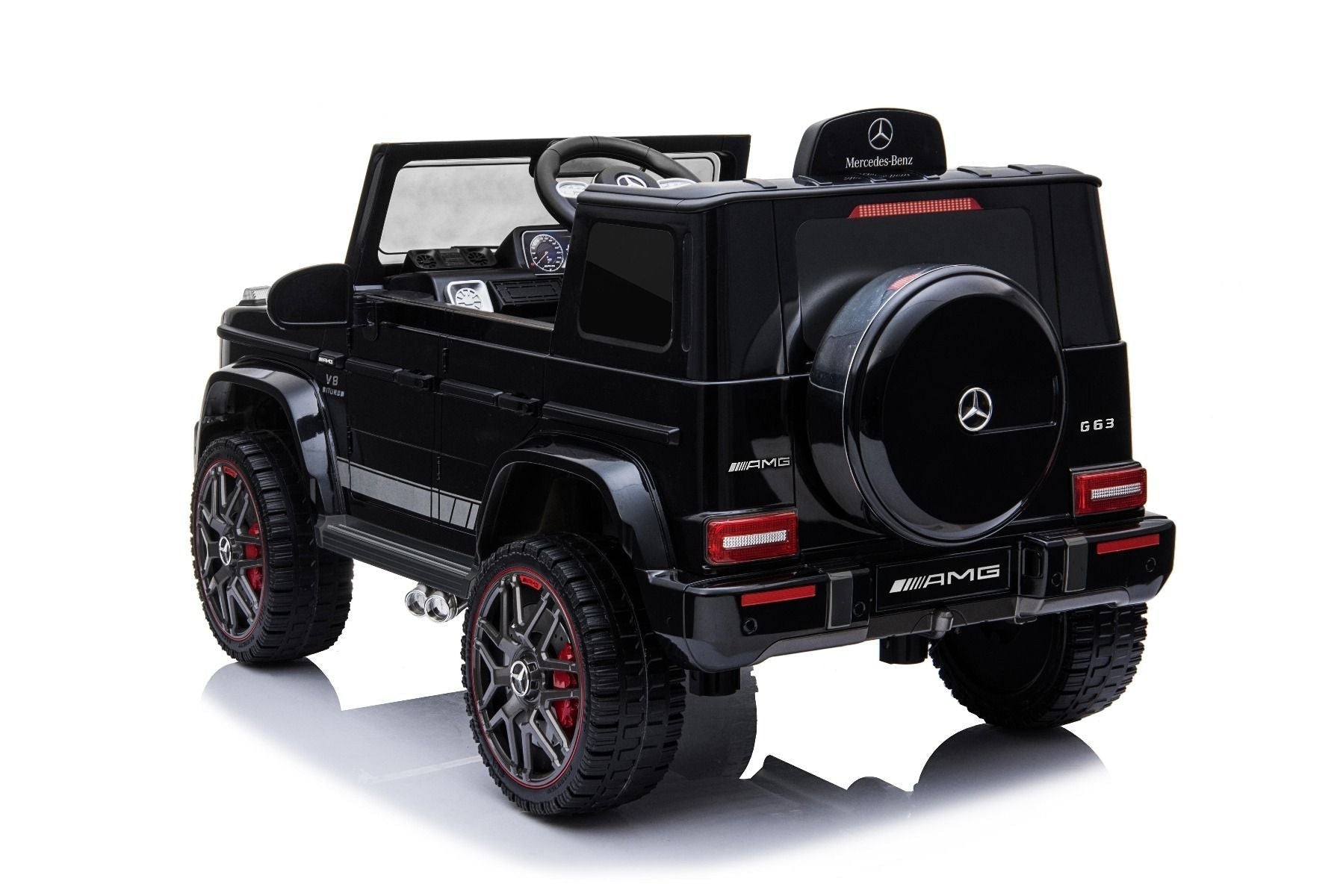 Elektroauto kinder Mercedes G Neu, Schwarz, Originallizenz, Batteriebetrieben, Türen öffnen, Einzelsitz, 2x Motor, 12 V Batterie, 2,4 GHz Fernbedienung, Hinterradfederung, Sanfter Start