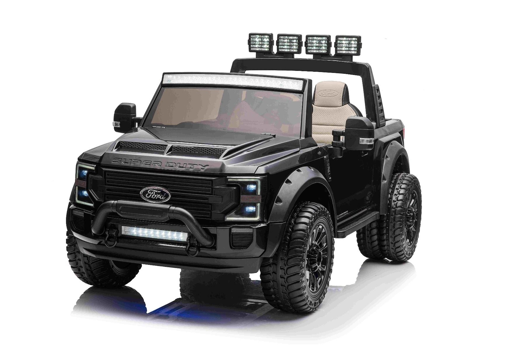 Kinder-Elektroauto Ford Super Duty 24V schwarz, Zweisitzer, 4X4-Antrieb mit leistungsstarken 24V-Motoren, Kunstledersitze, EVA-Doppelhinterräder, 2,4 GHz-Fernbedienung, LED-Lichtrampe, MP3-Player mit USB-Eingang, ORIGINAL-Lizenz