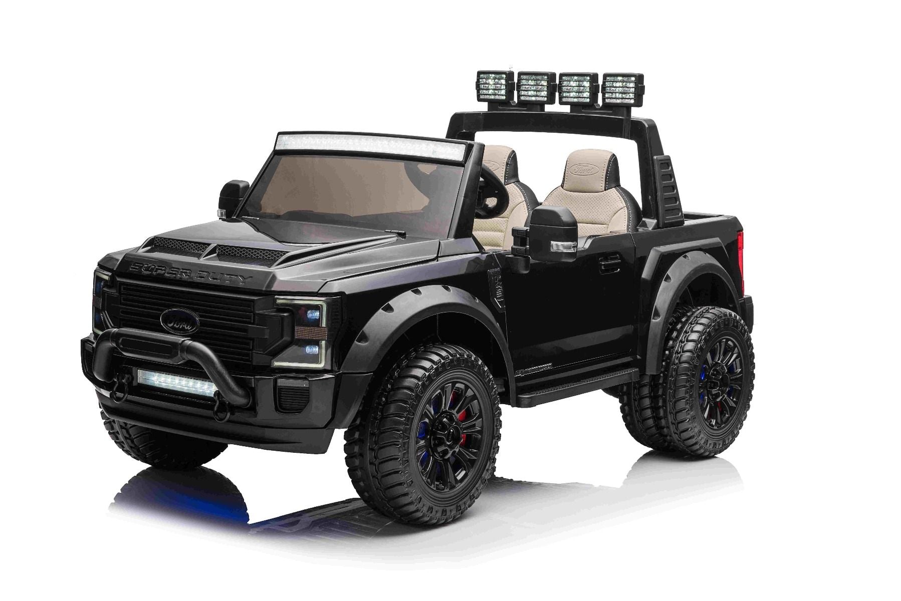 Kinder-Elektroauto Ford Super Duty 24V schwarz, Zweisitzer, 4X4-Antrieb mit leistungsstarken 24V-Motoren, Kunstledersitze, EVA-Doppelhinterräder, 2,4 GHz-Fernbedienung, LED-Lichtrampe, MP3-Player mit USB-Eingang, ORIGINAL-Lizenz