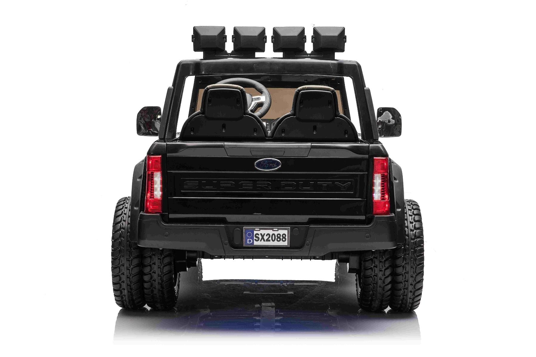 Kinder-Elektroauto Ford Super Duty 24V schwarz, Zweisitzer, 4X4-Antrieb mit leistungsstarken 24V-Motoren, Kunstledersitze, EVA-Doppelhinterräder, 2,4 GHz-Fernbedienung, LED-Lichtrampe, MP3-Player mit USB-Eingang, ORIGINAL-Lizenz