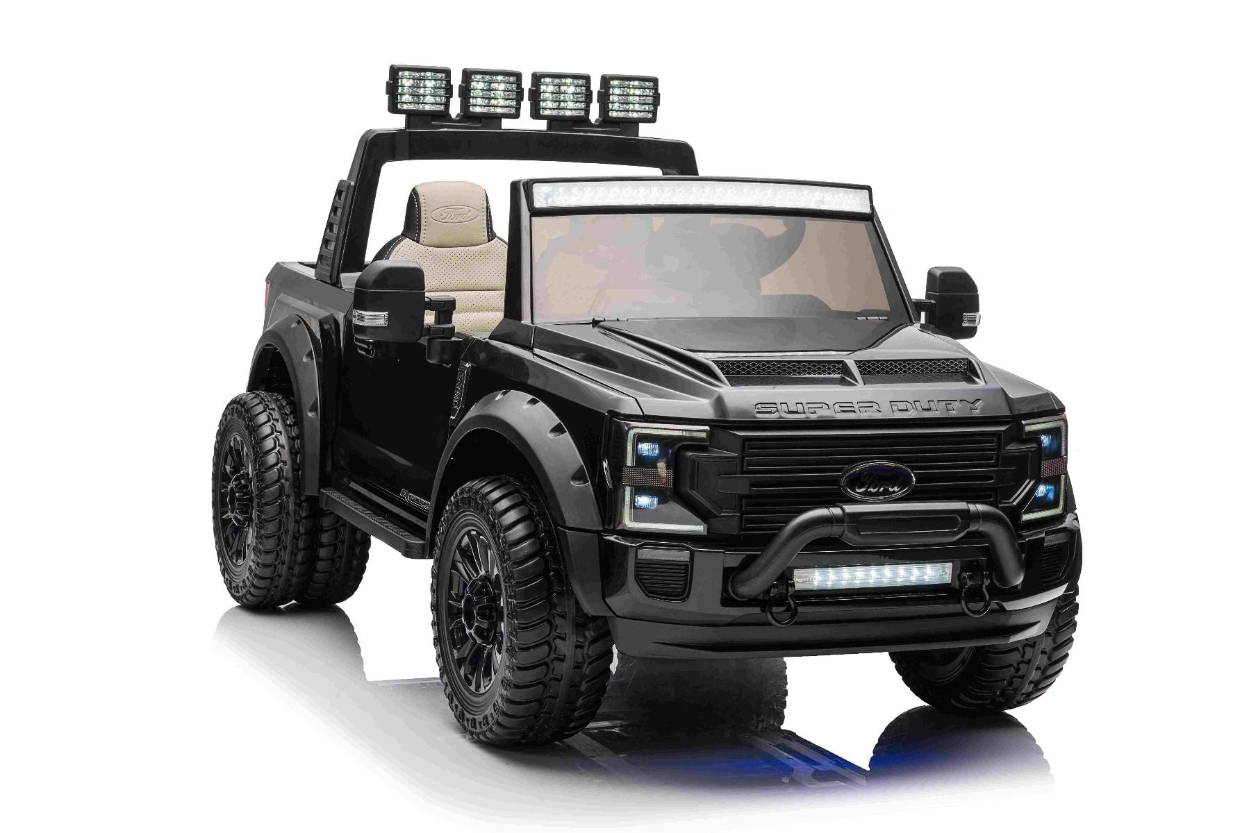 Kinder-Elektroauto Ford Super Duty 24V schwarz, Zweisitzer, 4X4-Antrieb mit leistungsstarken 24V-Motoren, Kunstledersitze, EVA-Doppelhinterräder, 2,4 GHz-Fernbedienung, LED-Lichtrampe, MP3-Player mit USB-Eingang, ORIGINAL-Lizenz