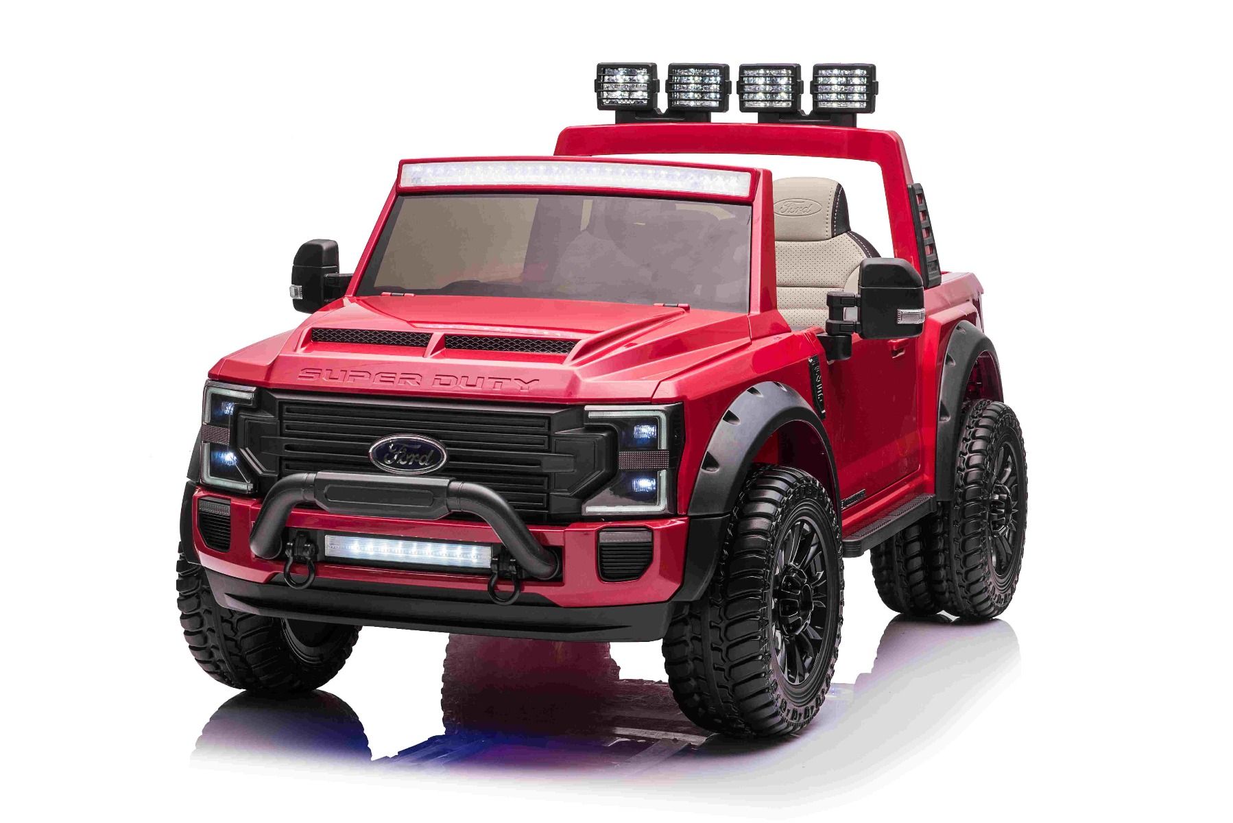Kinder-Elektroauto Ford Super Duty 24V rot, Zweisitzer, 4X4-Antrieb mit leistungsstarken 24V-Motoren, Kunstledersitze, EVA-Doppelhinterrädern, 2,4 GHz-Fernbedienung, LED-Lichtrampe, MP3-Player mit USB-Eingang, ORIGINAL-Lizenz