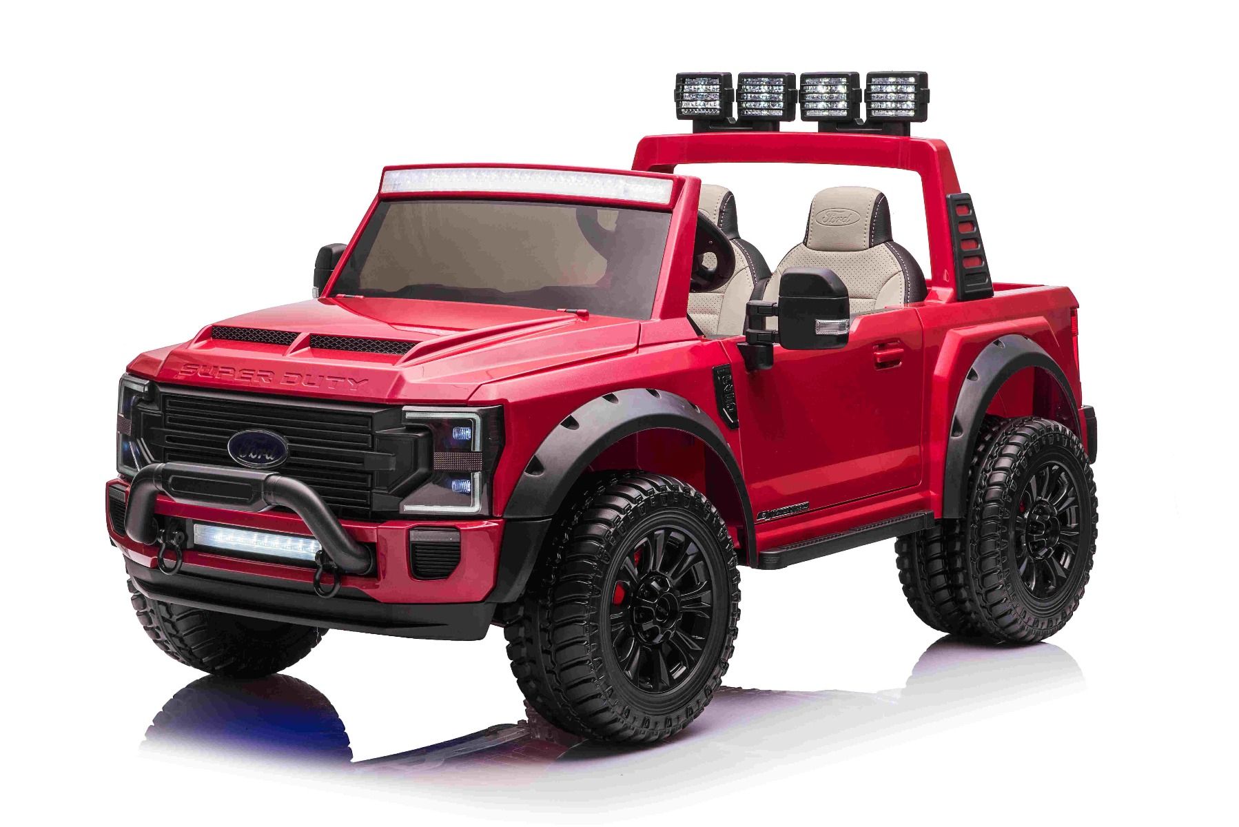 Kinder-Elektroauto Ford Super Duty 24V rot, Zweisitzer, 4X4-Antrieb mit leistungsstarken 24V-Motoren, Kunstledersitze, EVA-Doppelhinterrädern, 2,4 GHz-Fernbedienung, LED-Lichtrampe, MP3-Player mit USB-Eingang, ORIGINAL-Lizenz