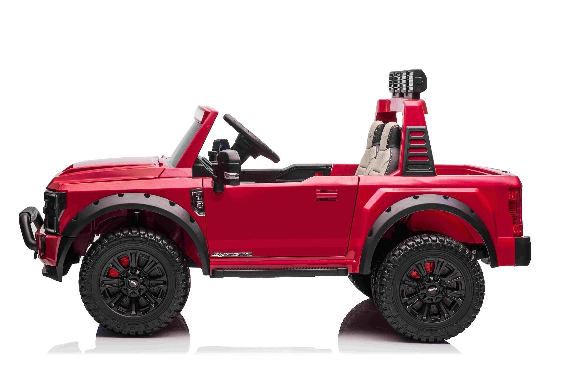 Kinder-Elektroauto Ford Super Duty 24V rot, Zweisitzer, 4X4-Antrieb mit leistungsstarken 24V-Motoren, Kunstledersitze, EVA-Doppelhinterrädern, 2,4 GHz-Fernbedienung, LED-Lichtrampe, MP3-Player mit USB-Eingang, ORIGINAL-Lizenz