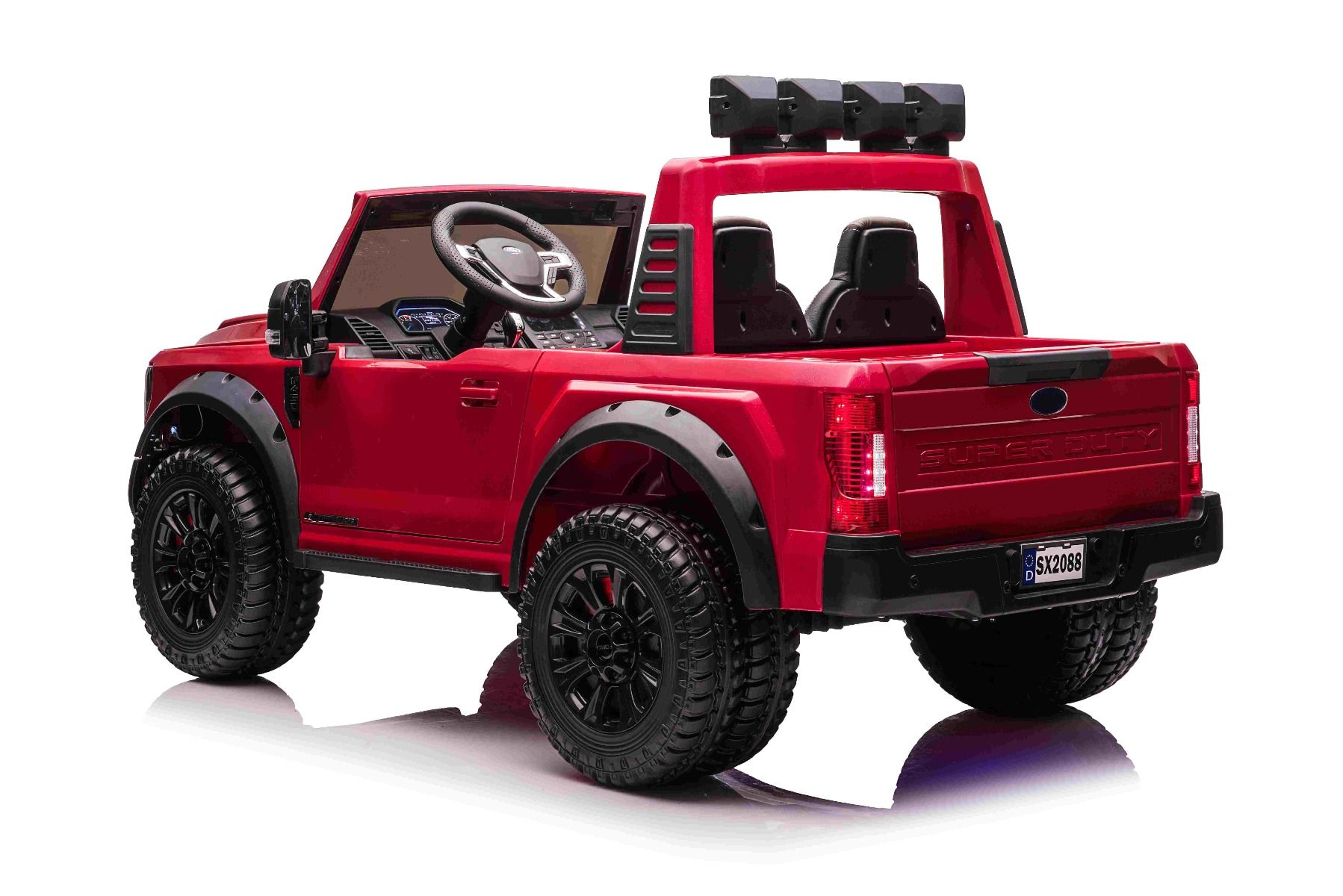 Kinder-Elektroauto Ford Super Duty 24V rot, Zweisitzer, 4X4-Antrieb mit leistungsstarken 24V-Motoren, Kunstledersitze, EVA-Doppelhinterrädern, 2,4 GHz-Fernbedienung, LED-Lichtrampe, MP3-Player mit USB-Eingang, ORIGINAL-Lizenz