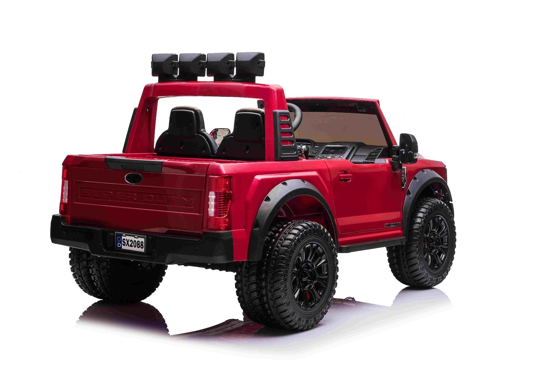Kinder-Elektroauto Ford Super Duty 24V rot, Zweisitzer, 4X4-Antrieb mit leistungsstarken 24V-Motoren, Kunstledersitze, EVA-Doppelhinterrädern, 2,4 GHz-Fernbedienung, LED-Lichtrampe, MP3-Player mit USB-Eingang, ORIGINAL-Lizenz