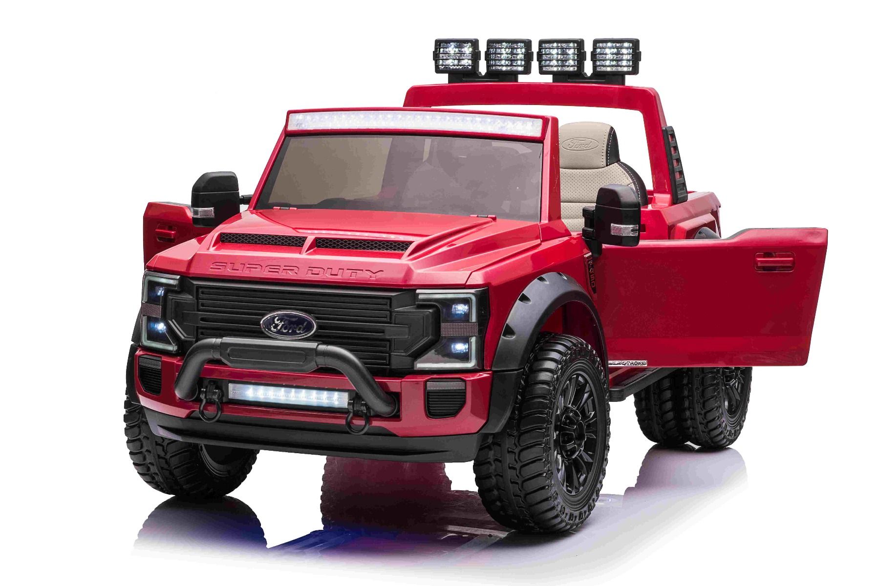 Kinder-Elektroauto Ford Super Duty 24V rot, Zweisitzer, 4X4-Antrieb mit leistungsstarken 24V-Motoren, Kunstledersitze, EVA-Doppelhinterrädern, 2,4 GHz-Fernbedienung, LED-Lichtrampe, MP3-Player mit USB-Eingang, ORIGINAL-Lizenz