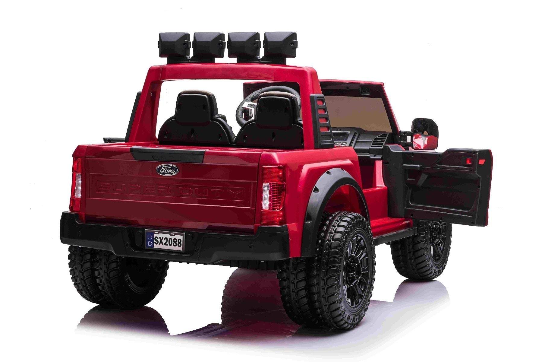 Kinder-Elektroauto Ford Super Duty 24V rot, Zweisitzer, 4X4-Antrieb mit leistungsstarken 24V-Motoren, Kunstledersitze, EVA-Doppelhinterrädern, 2,4 GHz-Fernbedienung, LED-Lichtrampe, MP3-Player mit USB-Eingang, ORIGINAL-Lizenz
