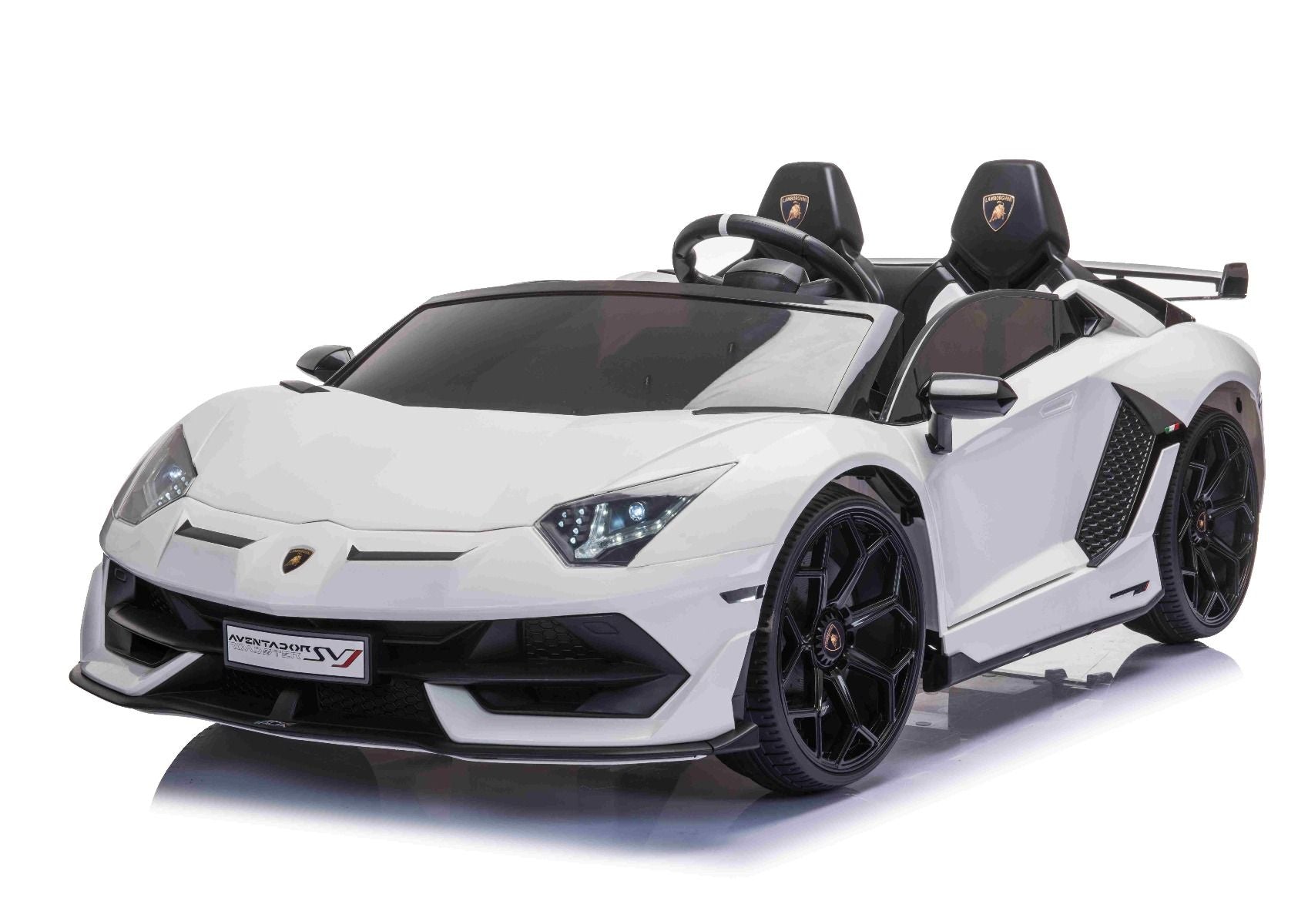 Elektroauto für Kinder Lamborghini Aventador 12V für zwei Benutzer, weiss, vertikal öffnende Türen, 2 x 12V Motor, 12V Batterie, 2,4 GHz Fernbedienung, weiche EVA-Räder, Federung, Sanftanlauf, MP3-Player mit USB, Original lizenziert