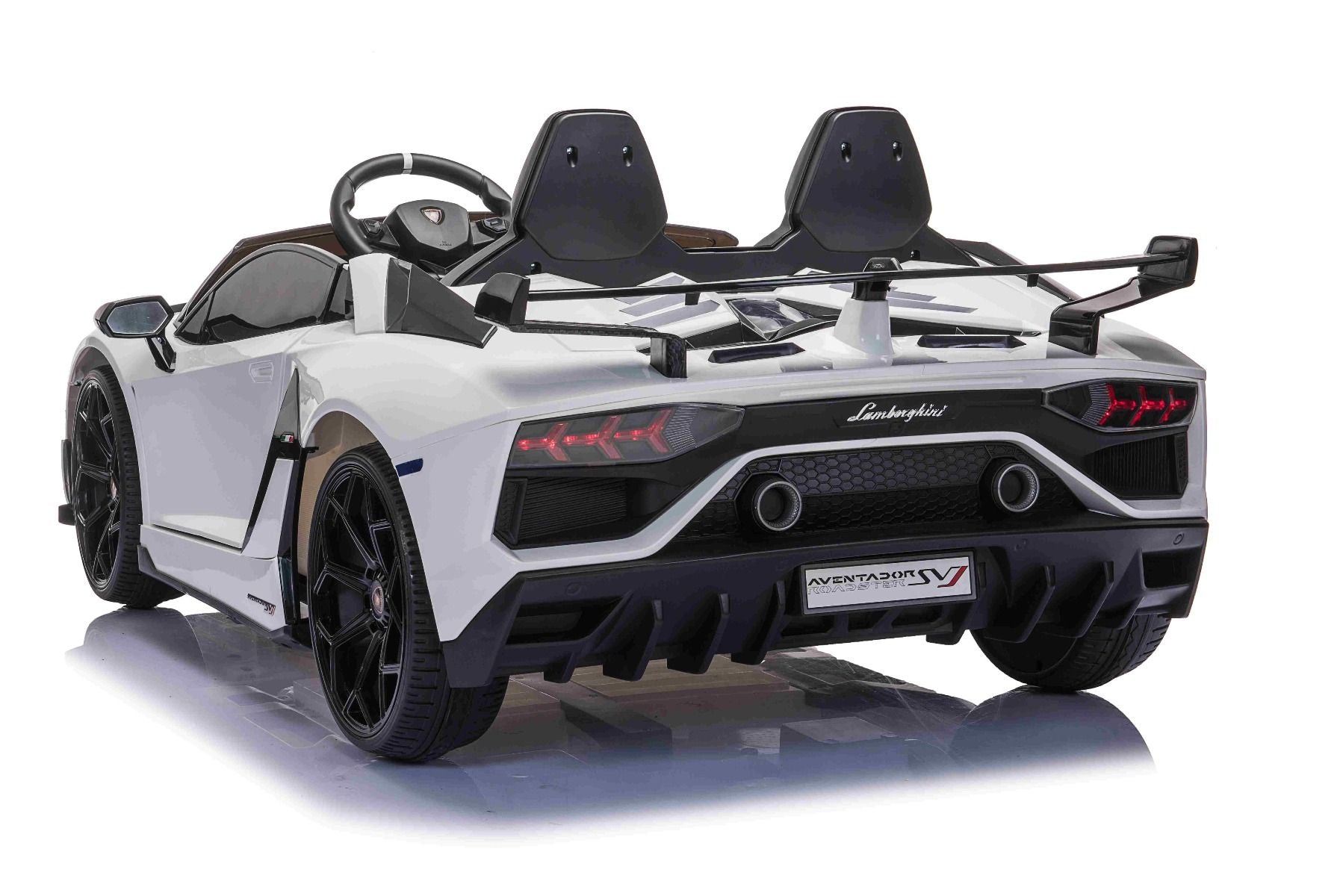 Elektroauto für Kinder Lamborghini Aventador 12V für zwei Benutzer, weiss, vertikal öffnende Türen, 2 x 12V Motor, 12V Batterie, 2,4 GHz Fernbedienung, weiche EVA-Räder, Federung, Sanftanlauf, MP3-Player mit USB, Original lizenziert