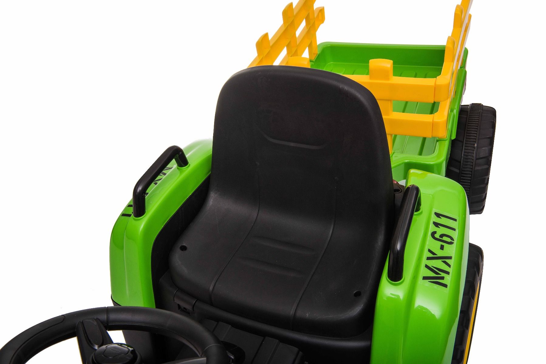 Kinder Elektroauto Traktor WORKERS mit Anhänger, Grün, Hinterradantrieb, 12-V-Batterie, Rädern, breitem Sitz, 2,4-GHz-Fernbedienung, MP3-Player und SD-Eingang, LED-Leuchten