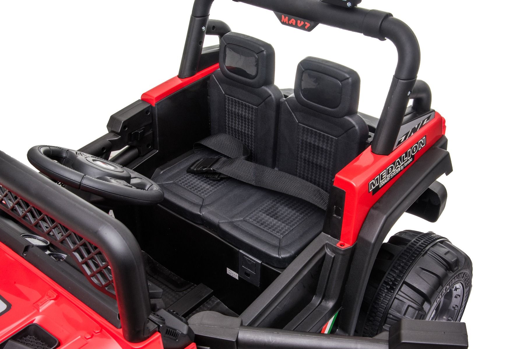 All Ride Elektroauto mit Hinterradantrieb, rot, 12 V Akku, hohes Fahrwerk, breite Sitzbank, Federung an der Hinterachse, 2,4 GHz Fernsteuerung, MP3-Player mit USB, LED-Leuchten, rot