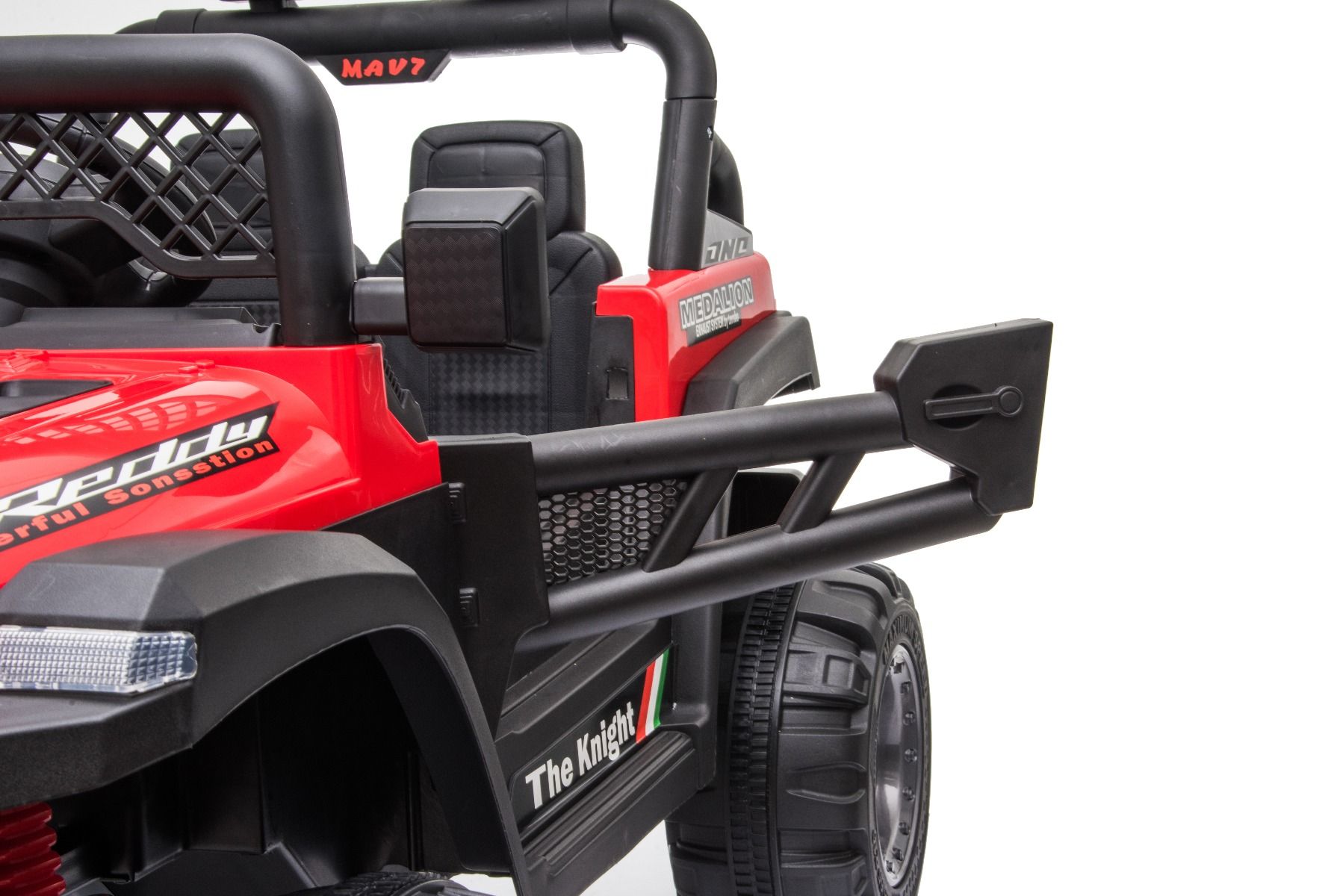 All Ride Elektroauto mit Hinterradantrieb, rot, 12 V Akku, hohes Fahrwerk, breite Sitzbank, Federung an der Hinterachse, 2,4 GHz Fernsteuerung, MP3-Player mit USB, LED-Leuchten, rot