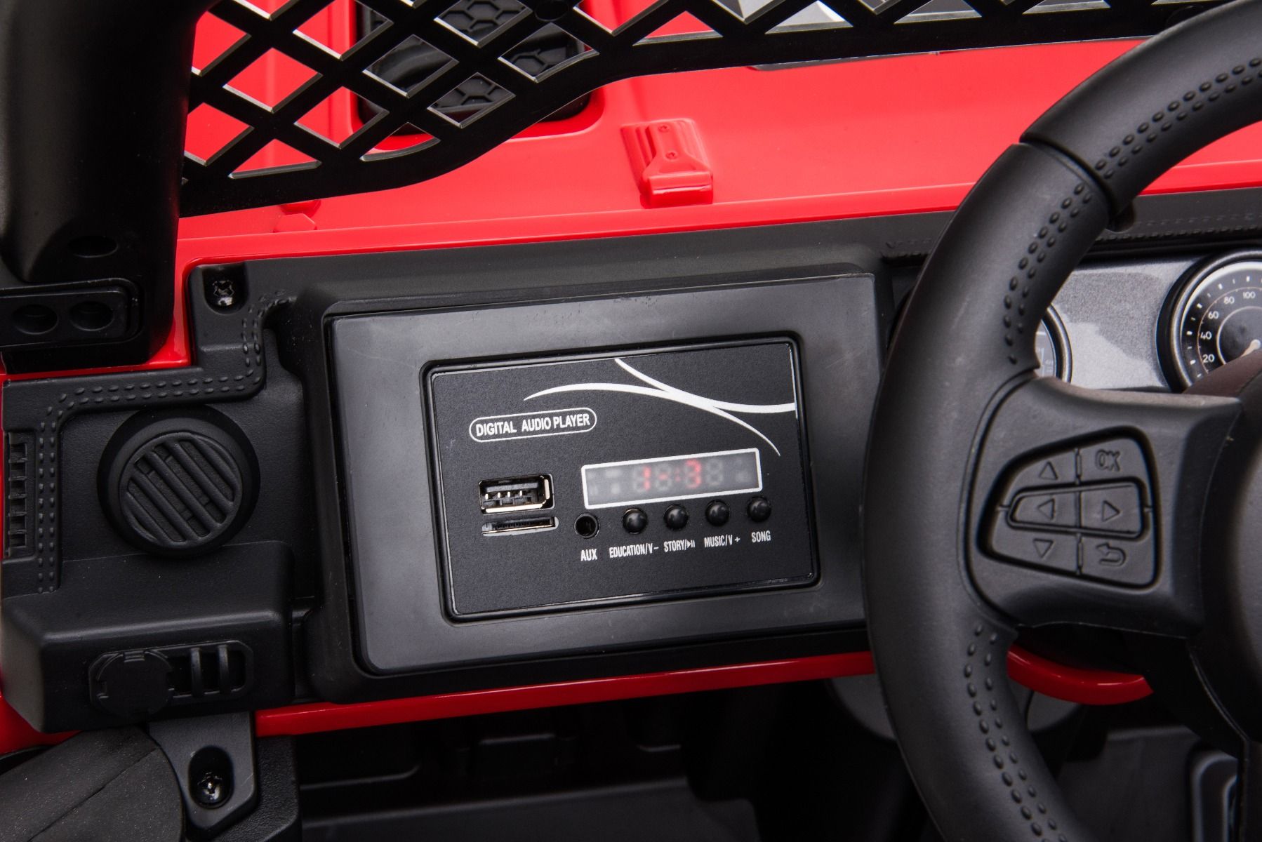 All Ride Elektroauto mit Hinterradantrieb, rot, 12 V Akku, hohes Fahrwerk, breite Sitzbank, Federung an der Hinterachse, 2,4 GHz Fernsteuerung, MP3-Player mit USB, LED-Leuchten, rot