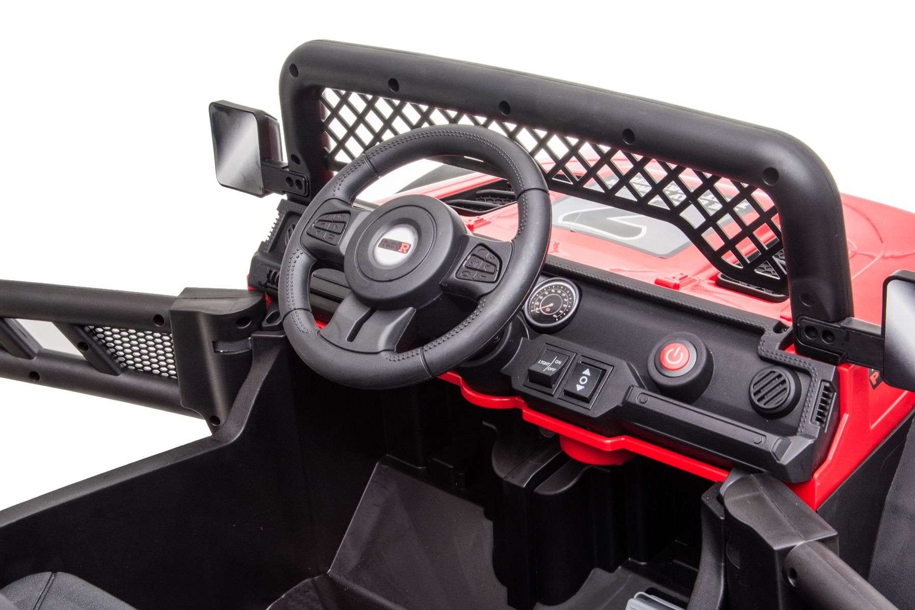 All Ride Elektroauto mit Hinterradantrieb, rot, 12 V Akku, hohes Fahrwerk, breite Sitzbank, Federung an der Hinterachse, 2,4 GHz Fernsteuerung, MP3-Player mit USB, LED-Leuchten, rot