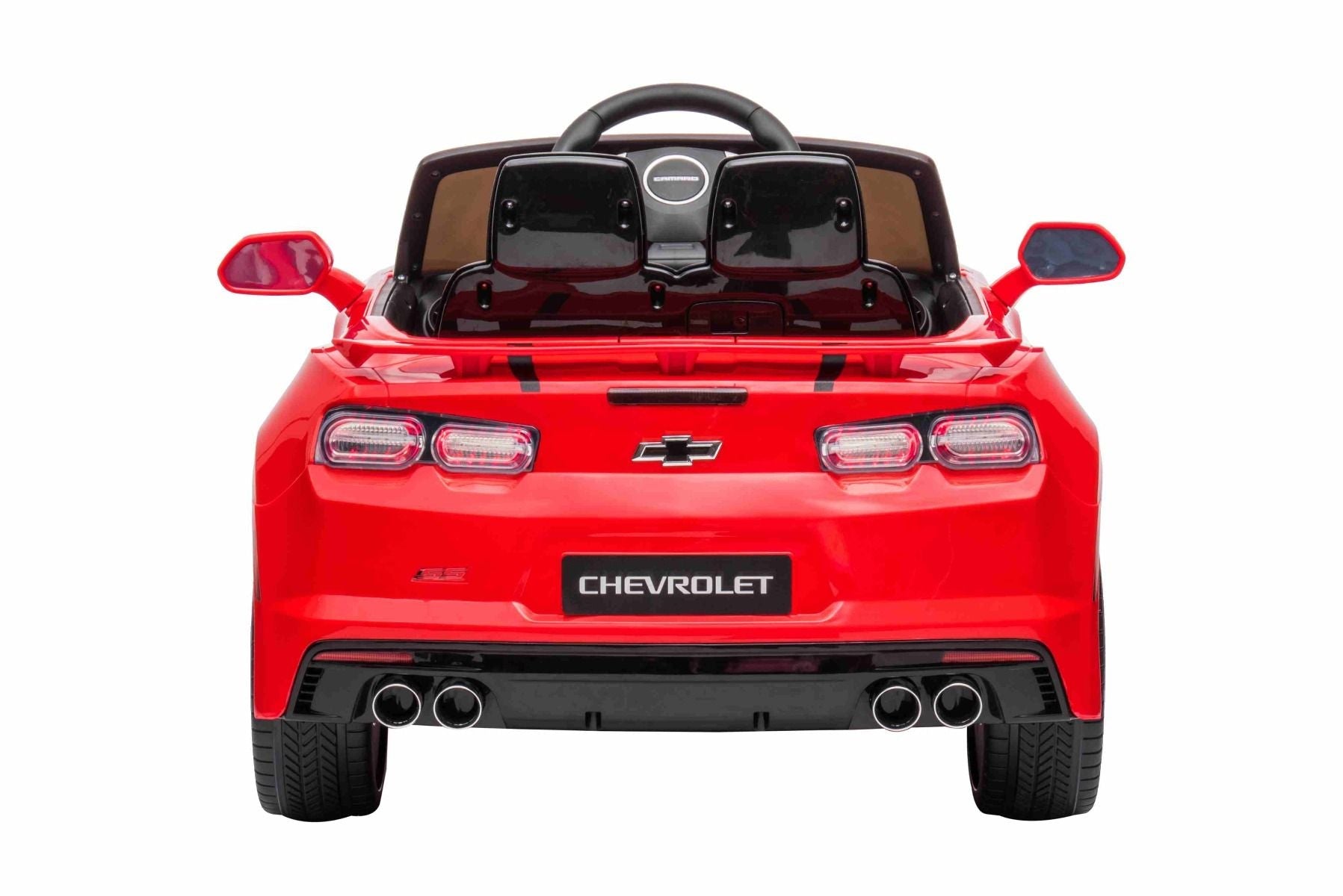 Kinder-Elektroauto Chevrolet Camaro, rot, Originallizenz, 12V Batterie, öffnende Türen, Sitzfläche aus Kunstleder, 2x 35W Motor, LED-Leuchten, 2,4-GHz Fernbedienung, Weiche EVA-Räder, Sanftanlauf