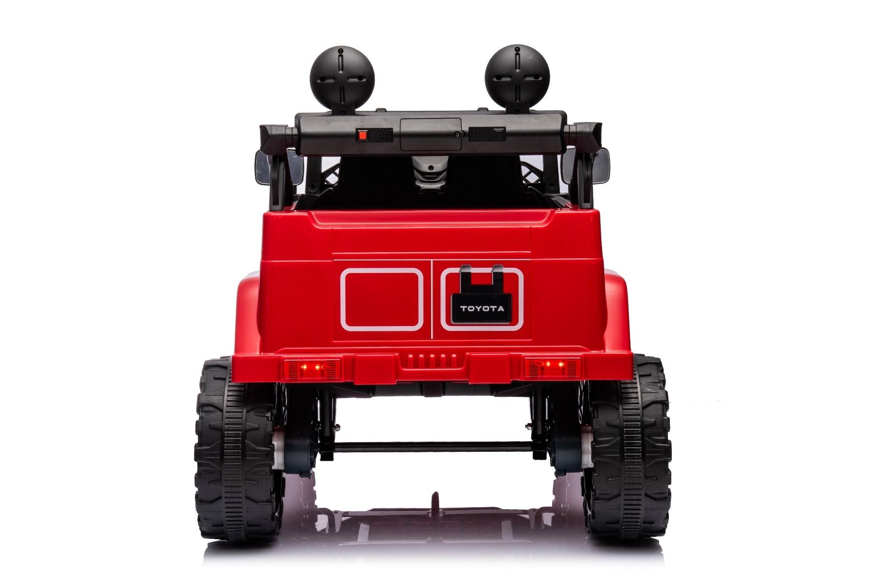 Elektrisches Aufsitzauto TOYOTA FJ CRUISER mit Hinterradantrieb, Rot, 12-V-Batterie, hohes Fahrgestell, breiter Sitz, Hinterachsfederung, LED-Leuchten, 2,4-GHz-Fernbedienung, MP3-Player mit USB/AUX-Eingang, lizenziert