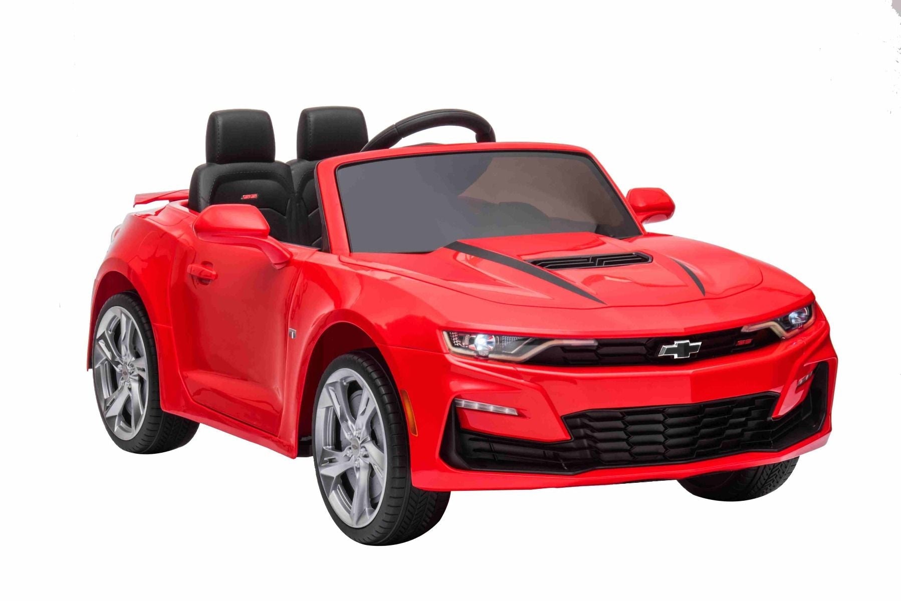 Kinder-Elektroauto Chevrolet Camaro, rot, Originallizenz, 12V Batterie, öffnende Türen, Sitzfläche aus Kunstleder, 2x 35W Motor, LED-Leuchten, 2,4-GHz Fernbedienung, Weiche EVA-Räder, Sanftanlauf