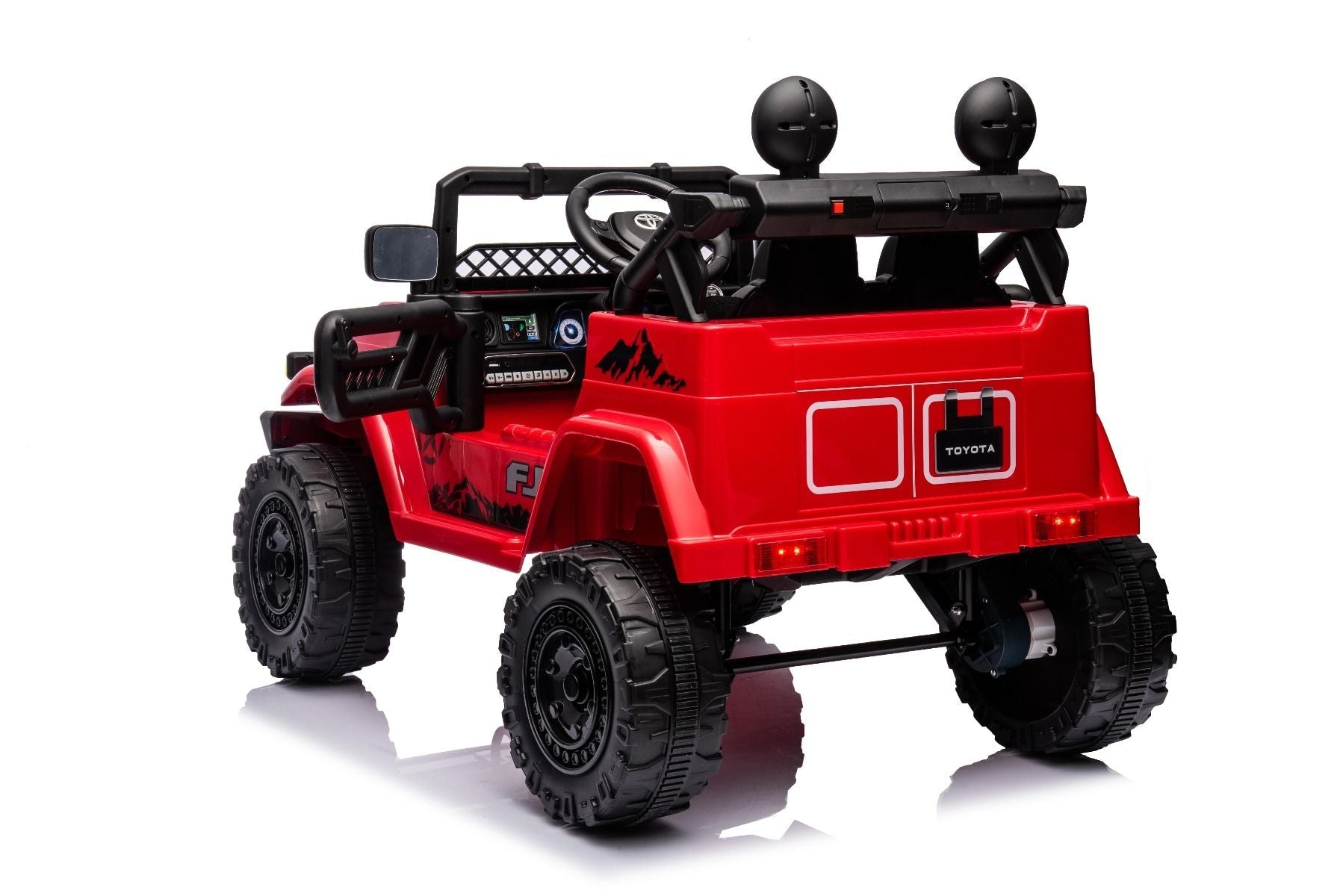 Elektrisches Aufsitzauto TOYOTA FJ CRUISER mit Hinterradantrieb, Rot, 12-V-Batterie, hohes Fahrgestell, breiter Sitz, Hinterachsfederung, LED-Leuchten, 2,4-GHz-Fernbedienung, MP3-Player mit USB/AUX-Eingang, lizenziert