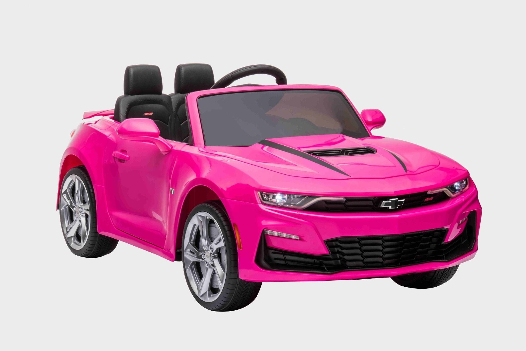 Kinder-Elektroauto Chevrolet Camaro, rosa, Originallizenz, 12V Batterie, öffnende Türen, Sitzfläche aus Kunstleder, 2x 35W Motor, LED-Leuchten, 2,4-GHz Fernbedienung, Weiche EVA-Räder, Sanftanlauf